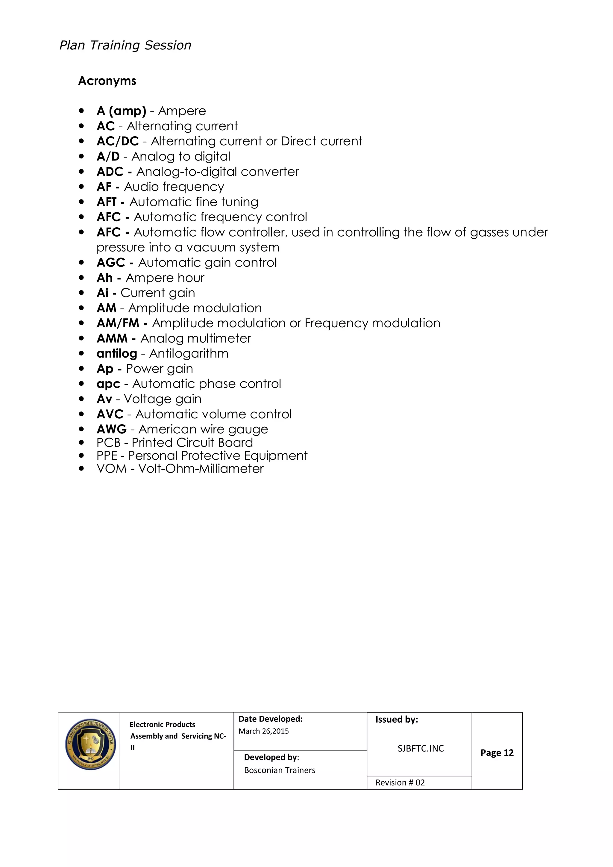 Plan Training Session
Electronic Products
Assembly and Servicing NC-
II
Date Developed:
March 26,2015
Document No.Issued by:
SJBFTC.INC Page 12Developed by:
Bosconian Trainers
Revision # 02
Acronyms
 A (amp) - Ampere
 AC - Alternating current
 AC/DC - Alternating current or Direct current
 A/D - Analog to digital
 ADC - Analog-to-digital converter
 AF - Audio frequency
 AFT - Automatic fine tuning
 AFC - Automatic frequency control
 AFC - Automatic flow controller, used in controlling the flow of gasses under
pressure into a vacuum system
 AGC - Automatic gain control
 Ah - Ampere hour
 Ai - Current gain
 AM - Amplitude modulation
 AM/FM - Amplitude modulation or Frequency modulation
 AMM - Analog multimeter
 antilog - Antilogarithm
 Ap - Power gain
 apc - Automatic phase control
 Av - Voltage gain
 AVC - Automatic volume control
 AWG - American wire gauge
 PCB - Printed Circuit Board
 PPE - Personal Protective Equipment
 VOM - Volt-Ohm-Milliameter
 