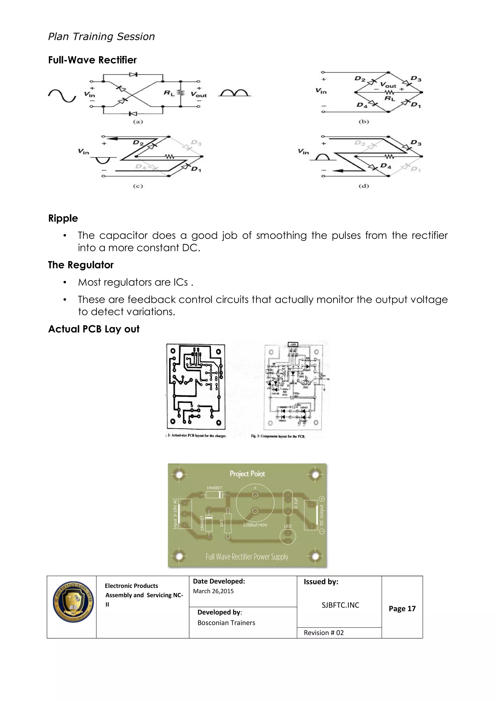 Plan Training Session
Electronic Products
Assembly and Servicing NC-
II
Date Developed:
March 26,2015
Document No.Issued by:
SJBFTC.INC Page 17Developed by:
Bosconian Trainers
Revision # 02
Full-Wave Rectifier
Ripple
• The capacitor does a good job of smoothing the pulses from the rectifier
into a more constant DC.
The Regulator
• Most regulators are ICs .
• These are feedback control circuits that actually monitor the output voltage
to detect variations.
Actual PCB Lay out
 