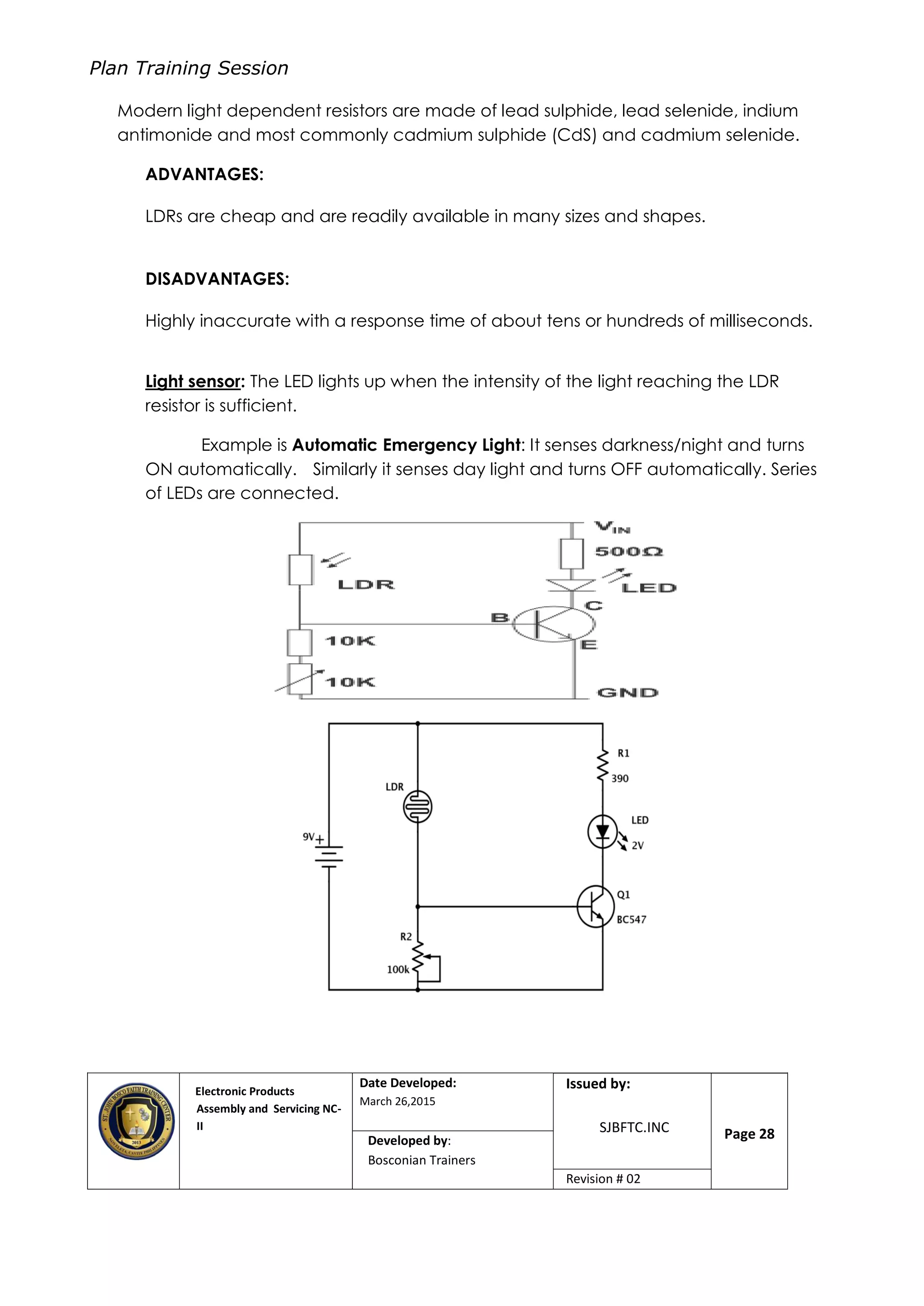 Plan Training Session
Electronic Products
Assembly and Servicing NC-
II
Date Developed:
March 26,2015
Document No.Issued by:
SJBFTC.INC Page 28Developed by:
Bosconian Trainers
Revision # 02
Modern light dependent resistors are made of lead sulphide, lead selenide, indium
antimonide and most commonly cadmium sulphide (CdS) and cadmium selenide.
ADVANTAGES:
LDRs are cheap and are readily available in many sizes and shapes.
DISADVANTAGES:
Highly inaccurate with a response time of about tens or hundreds of milliseconds.
Light sensor: The LED lights up when the intensity of the light reaching the LDR
resistor is sufficient.
Example is Automatic Emergency Light: It senses darkness/night and turns
ON automatically. Similarly it senses day light and turns OFF automatically. Series
of LEDs are connected.
 