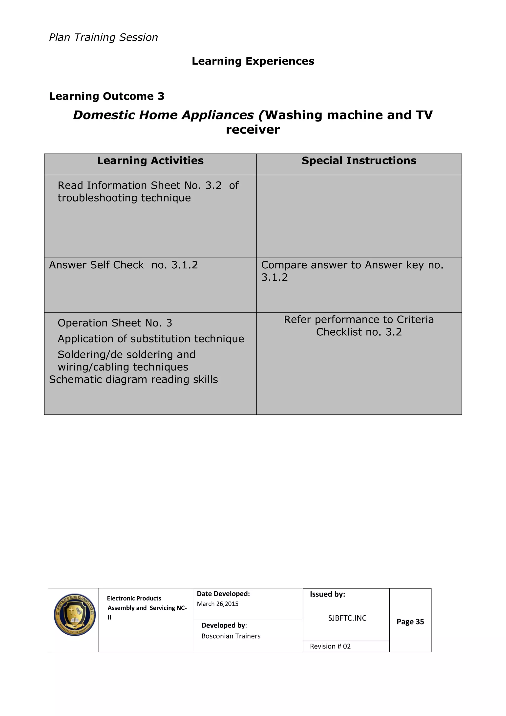 Plan Training Session
Electronic Products
Assembly and Servicing NC-
II
Date Developed:
March 26,2015
Document No.Issued by:
SJBFTC.INC Page 35Developed by:
Bosconian Trainers
Revision # 02
Learning Experiences
Learning Outcome 3
Domestic Home Appliances (Washing machine and TV
receiver
Learning Activities Special Instructions
Read Information Sheet No. 3.2 of
troubleshooting technique
Answer Self Check no. 3.1.2 Compare answer to Answer key no.
3.1.2
Operation Sheet No. 3
Application of substitution technique
Soldering/de soldering and
wiring/cabling techniques
Schematic diagram reading skills
Refer performance to Criteria
Checklist no. 3.2
 