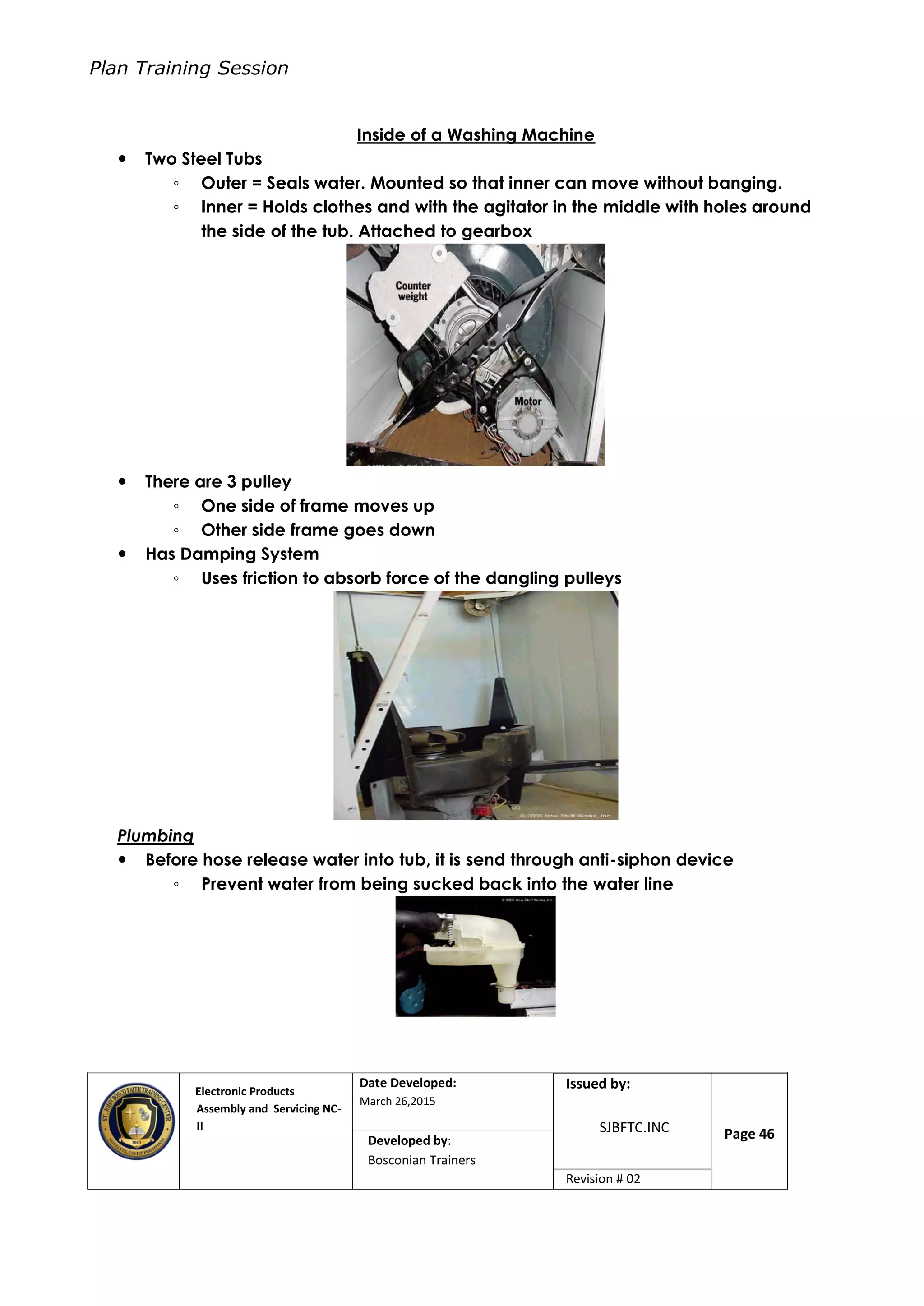 Plan Training Session
Electronic Products
Assembly and Servicing NC-
II
Date Developed:
March 26,2015
Document No.Issued by:
SJBFTC.INC Page 46Developed by:
Bosconian Trainers
Revision # 02
Inside of a Washing Machine
 Two Steel Tubs
◦ Outer = Seals water. Mounted so that inner can move without banging.
◦ Inner = Holds clothes and with the agitator in the middle with holes around
the side of the tub. Attached to gearbox
 There are 3 pulley
◦ One side of frame moves up
◦ Other side frame goes down
 Has Damping System
◦ Uses friction to absorb force of the dangling pulleys
Plumbing
 Before hose release water into tub, it is send through anti-siphon device
◦ Prevent water from being sucked back into the water line
 