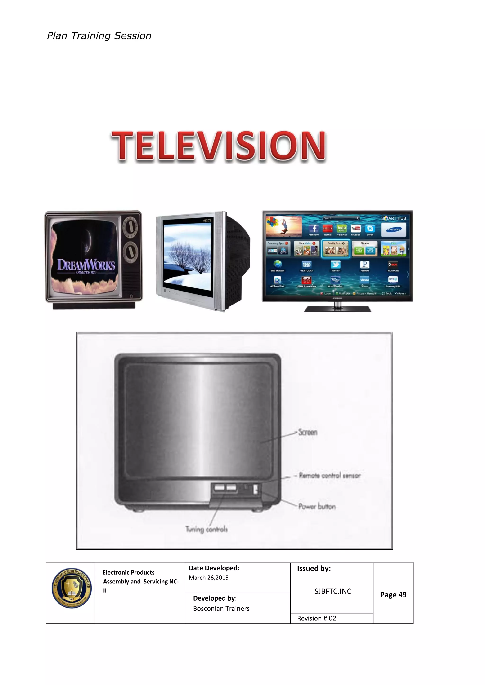 Plan Training Session
Electronic Products
Assembly and Servicing NC-
II
Date Developed:
March 26,2015
Document No.Issued by:
SJBFTC.INC Page 49Developed by:
Bosconian Trainers
Revision # 02
 
