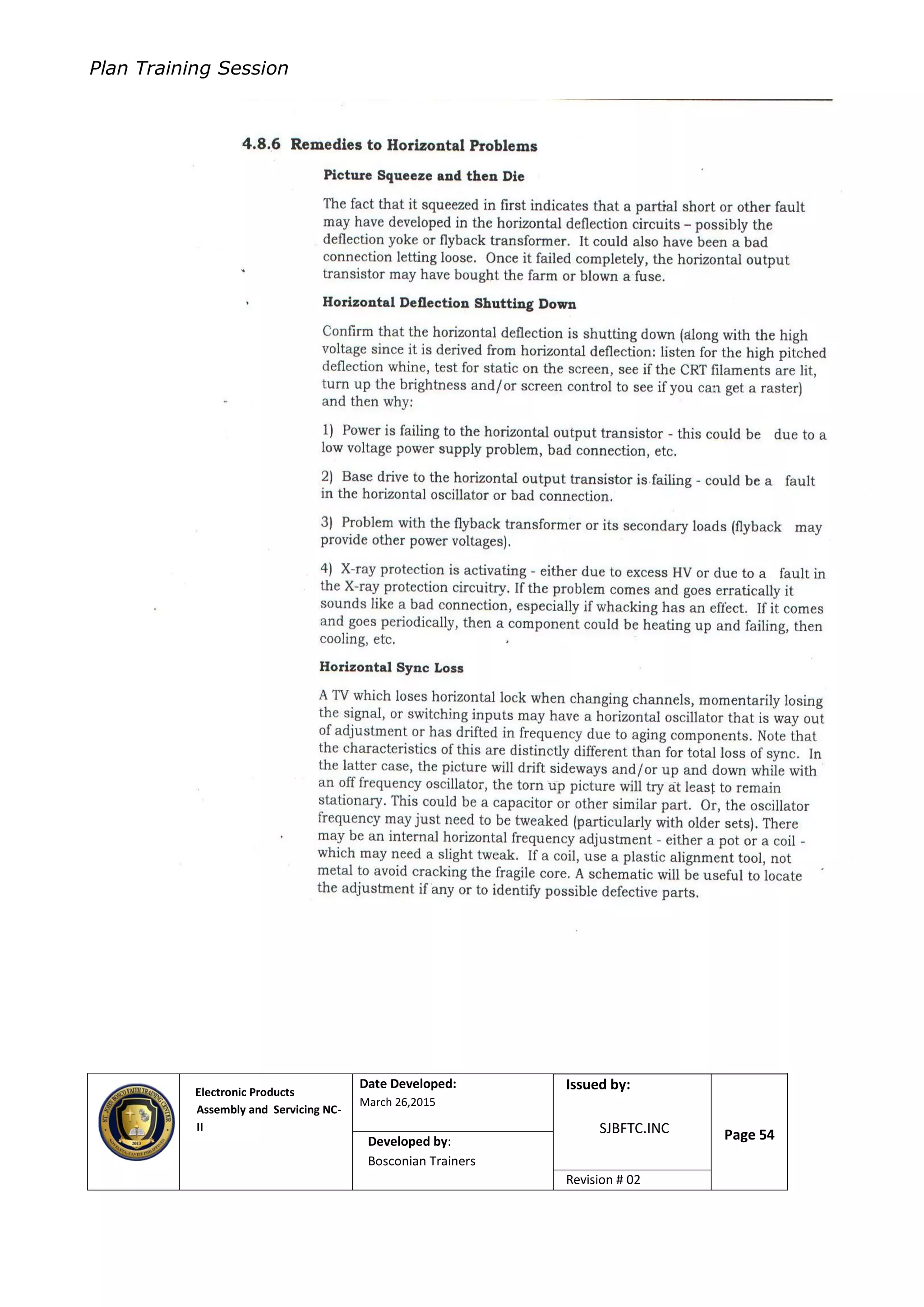 Plan Training Session
Electronic Products
Assembly and Servicing NC-
II
Date Developed:
March 26,2015
Document No.Issued by:
SJBFTC.INC Page 54Developed by:
Bosconian Trainers
Revision # 02
 