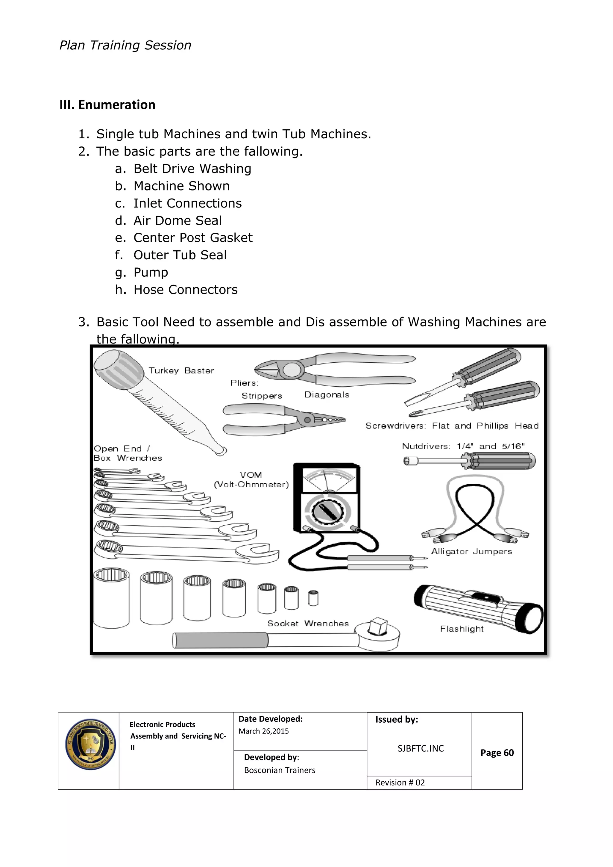 Plan Training Session
Electronic Products
Assembly and Servicing NC-
II
Date Developed:
March 26,2015
Document No.Issued by:
SJBFTC.INC Page 60Developed by:
Bosconian Trainers
Revision # 02
III. Enumeration
1. Single tub Machines and twin Tub Machines.
2. The basic parts are the fallowing.
a. Belt Drive Washing
b. Machine Shown
c. Inlet Connections
d. Air Dome Seal
e. Center Post Gasket
f. Outer Tub Seal
g. Pump
h. Hose Connectors
3. Basic Tool Need to assemble and Dis assemble of Washing Machines are
the fallowing.
 
