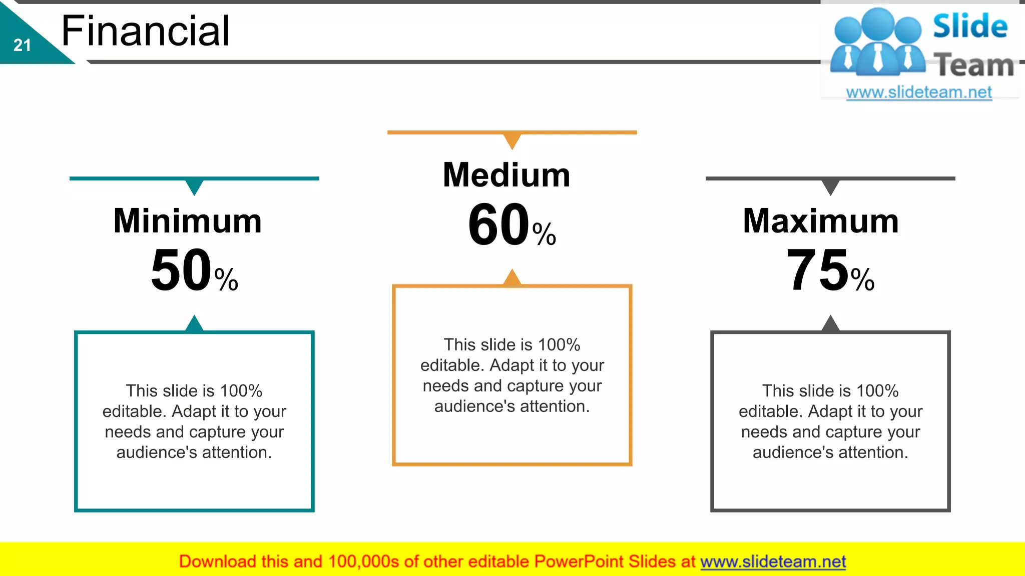 Financial
This slide is 100%
editable. Adapt it to your
needs and capture your
audience's attention.
Minimum
50%
This slide is 100%
editable. Adapt it to your
needs and capture your
audience's attention.
Medium
60%
This slide is 100%
editable. Adapt it to your
needs and capture your
audience's attention.
Maximum
75%
21
 