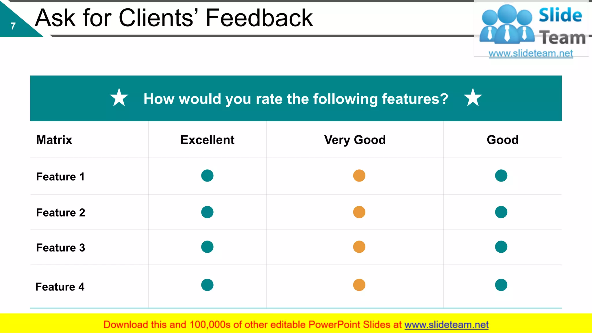 Ask for Clients’ Feedback
How would you rate the following features?
Matrix Excellent Very Good Good
Feature 1
Feature 2
Feature 3
Feature 4
This slide is 100% editable. Adapt it to your needs and capture your audience's attention.
7
 