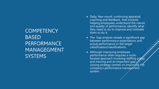 COMPETENCY
BASED
PERFORMANCE
MANAGEGMENT
SYSTEMS
 Daily, Year-round, continuing appraisal,
coaching and feedback, that involves
helping employees understand the nature
and quality of performance, identify what
they need to do to improve and motivate
them to do it.
 The Gap analysis reveals a significant gap
between performance expectations and
actual performance in the target
calssification/classifications.
 Although improving employee
performance often requires a multi-
faceted approach involving staffing policy
and training and an important gap-
closing strategy centres on improving the
company’s performance management
system.
 