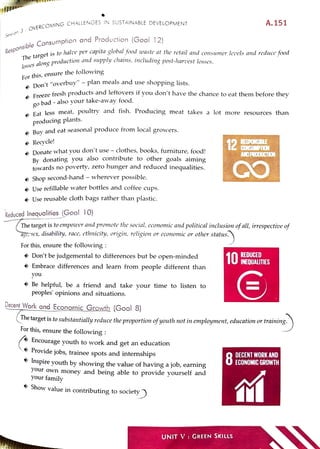 UNI
T
V:
EN
LLS
Show
value
in
contributing
to
society
your
family
your
own
money
and
being
able
to
provide
yourself
and
Inspire
youth
by
showing
t
h
e
value
of
havinga
job,
earning
Provide
jobs,
trainee
spots
and
internships
8
ECONOMIC
GROWTH
DECENT
WORK
AND
Encourage
youth
to
work
and
get
an
education
For
this,
ensure
t
h
e
following
:
I
h
e
target
is
to
substantially
reduce
t
h
e
proportion
of
youth
not
in
employment,
education
or
training.
Decent
Work
and
Economic
Growth
(Goal
8)
peoples
opinions
and
situations.
Be
helpful,
be
a
friend
and
take
vour
time
to
listen
to
you
>
Embrace
differences
and
learn
from
people
different
than
’
Don'
t
be
judgemental
to
differences
but
be
10INEQUALITIES
REDUCED
For
this,
ensure
t
h
e
following
:
aqe,
sex,
disability,
race,
etlhnicity,
origin,
religion
or
econ0mic
or
other
status.
The
target
is
to
Reduced
Inequalities
(Goal
10)
Us
e
reusable
cloth
bags
rather
than
plastic.
Use
refillable
water
bottles
and
coffee
cups.
Shop
second-hand
-
wherever
possible.
towards
no
poverty,
zero
hunger
and
reduced
inequalities.
By
donating
you
also
contribute
to
other
goals
aiming
Donate
what
you
don'
t
use
-
clothes,
books,
furniture,
food!
Recycle!
AND
PRODUCTON
CONS
PI
O
N
RESPONSBLE
Buv
and
eat
seasonal
produce
from
local
growers.
producing
pl
a
nt
s
.
Ea
t
less
meat,
poultry
go
bad
-
al
s
o
your
take-awvay
food.
Ereeze
fresh
products
and
leftovers
if
you
don'
t
have
t
h
e
chance
to
A
Don'
t
"overbuy-
plan
meals
and
use
shopping
lists.
For
this,
ensure
t
h
e
tollowing
l
o
sses
al
o
ng
production
and
Re
s
p
o
n
s
i
b
l
e
Consumpt
i
o
n
a
n
d
Production
S
e
s
s
o
n
3
OVERCOMI
N
G
SUSTAINABLE
CHALLENGES
A.151
open-minded
emp0ver
and
promote
t
h
e
social,
economic
and
political
inclusion
of
all,
irrespective
of
and
hsh.
Producing
meat
takes
a
l
o
t
more
resources
than
eat
them
before
they
supply
chains,
including
post-Barvest
losses.
halve
T
h
e
t
a
rget
is
to
lezels
per
capita
global
food
waste
at
t
h
e
retail
and
consumer
and
reduce
food
(Goal
1
2
)
IN
DEVELOPMENT
 