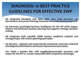  #6: Integrated (bundled) with other HRM value chain processes e.g.
Recruitment, Succession Planning, Retention and Leadership Development.
 #7: Generates meaningful business intelligence for the UIF which shapes,
informs and influences business planning and supports strategic decision-
making.
 #8: Integrates both scientific (HRM metrics, predictive analytics and
strategy maps) with artistic (planning) principles.
 #9: Dynamic - regularly and systematically monitored, reviewed, evaluated
and adapted (committed to continuous improvement processes).
 #10: Yields a positive ROI, with tangible/demonstrable outcomes and
impact for the UIF i.e. creates sustainable HCM competitive advantages
DIAGNOSIS: 10 BEST PRACTICE
GUIDELINES FOR EFFECTIVE SWP
 