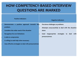 HOW COMPETENCY-BASED INTERVIEW
QUESTIONS ARE MARKED
Positive indicators
Negative indicators
 Demonstrates a positive approach towards the
problem.
 Considers the wider need of the situation
 Recognises his own limitations
 Is able to compromise
 Is willing to seek help when necessary
 Uses effective strategies to deal with pressure/stress
 Perceives challenges as problems
 Attempts unsuccessfully to deal with the situation
alone
 Used inappropriate strategies to deal with
pressure/stress
 