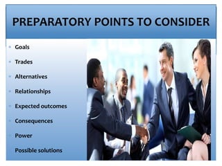 PREPARATORY POINTS TO CONSIDER
 Goals
 Trades
 Alternatives
 Relationships
 Expected outcomes
 Consequences
 Power
 Possible solutions
 
