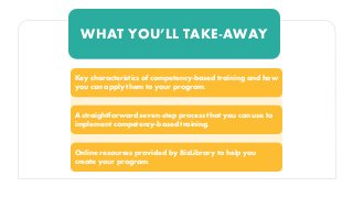WHAT YOU’LL TAKE-AWAY
Key characteristics of competency-based training and how
you can apply them to your program.
A straightforward seven-step process that you can use to
implement competency-based training.
Online resources provided by BizLibrary to help you
create your program.
 