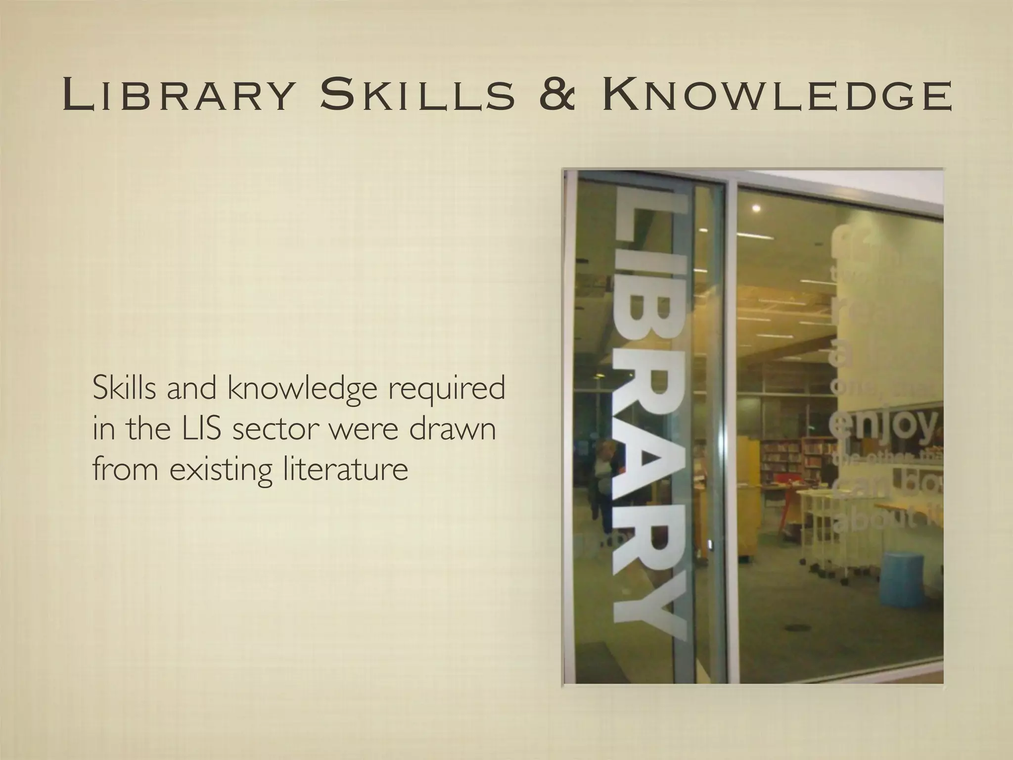 Library Skills & Knowledge



 Skills and knowledge required
 in the LIS sector were drawn
 from existing literature
 