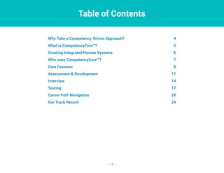 — 3 —
Table of Contents
Why Take a Competency-Driven Approach? 4
What is CompetencyCore™?5
Creating Integrated Human Syste...