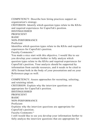 COMPETENCY: Describe how hiring practices support an
organization's strategy.
CRITERION: Identify which question types relate to the KSAs
and required experiences for CapraTek's position.
DISTINGUISHED
PROFICIENT
BASIC
NON-PERFORMANCE
Proficient
Identifies which question types relate to the KSAs and required
experiences for CapraTek's position.
Faculty Comments:“
You made a nice start with this objective. I would like to see
you develop your content further to fully analyze which
question types relate to the KSAs and required experiences for
CapraTek's position. Your analysis should be supported by
information from outside resources, and it needs to be cited in
APA format both in the body of your presentation and on your
References page as well.
”
COMPETENCY: Assess approaches for recruiting, selecting,
and retaining talent.
CRITERION: Explain why the interview questions are
appropriate for CapraTek's position.
DISTINGUISHED
PROFICIENT
BASIC
NON-PERFORMANCE
Proficient
Explains why the interview questions are appropriate for
CapraTek's position.
Faculty Comments:“
I still would like to see you develop your information further to
fully analyze the interview questions that are appropriate for
 