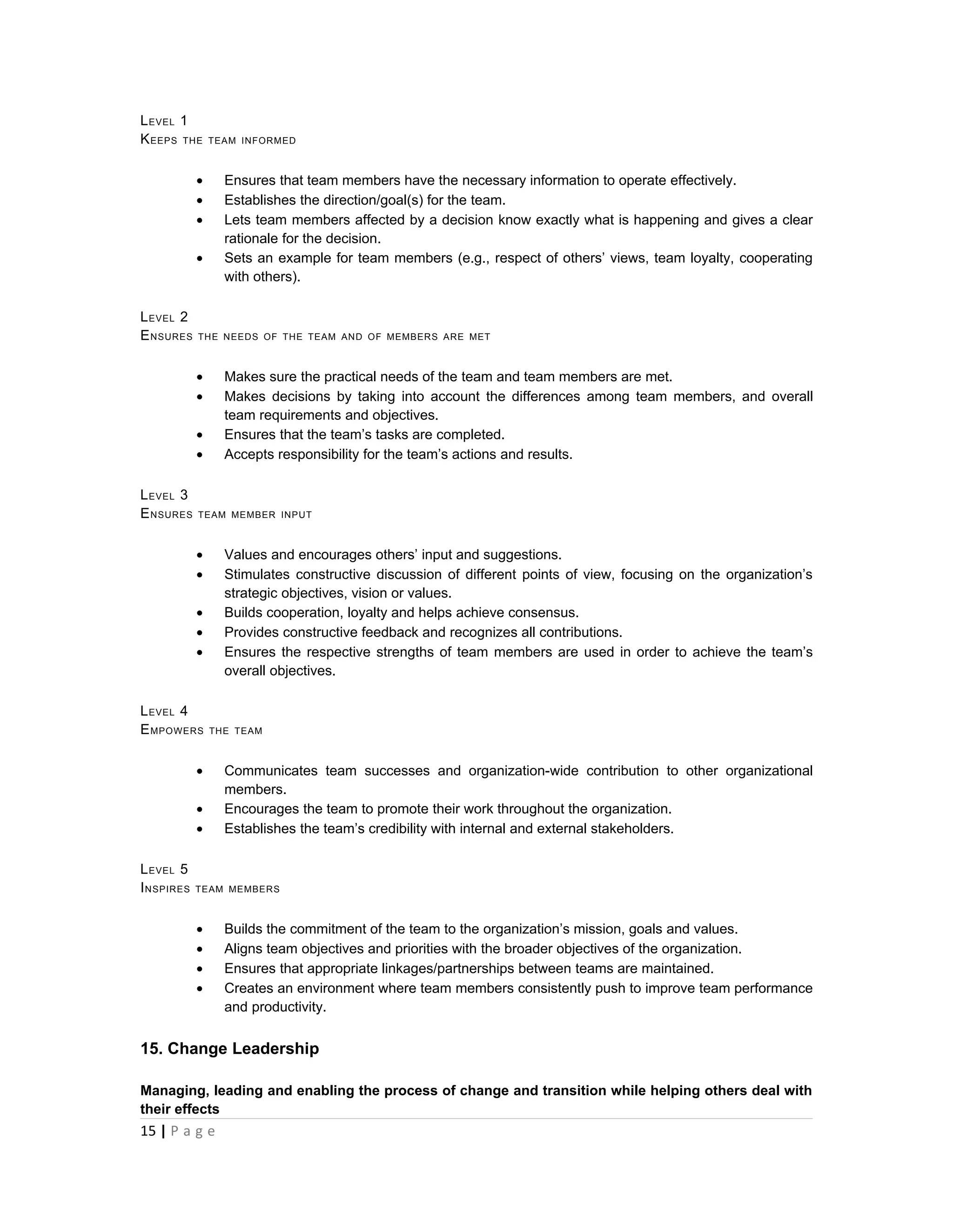 L EVEL 1
K EEPS THE      TEAM INFORMED



            •     Ensures that team members have the necessary information to operate effectively.
            •     Establishes the direction/goal(s) for the team.
            •     Lets team members affected by a decision know exactly what is happening and gives a clear
                  rationale for the decision.
            •     Sets an example for team members (e.g., respect of others’ views, team loyalty, cooperating
                  with others).

L EVEL 2
E NSURES    THE NEEDS OF THE TEAM AND OF MEMBERS ARE MET



            •     Makes sure the practical needs of the team and team members are met.
            •     Makes decisions by taking into account the differences among team members, and overall
                  team requirements and objectives.
            •     Ensures that the team’s tasks are completed.
            •     Accepts responsibility for the team’s actions and results.

L EVEL 3
E NSURES    TEAM MEMBER INPUT



            •     Values and encourages others’ input and suggestions.
            •     Stimulates constructive discussion of different points of view, focusing on the organization’s
                  strategic objectives, vision or values.
            •     Builds cooperation, loyalty and helps achieve consensus.
            •     Provides constructive feedback and recognizes all contributions.
            •     Ensures the respective strengths of team members are used in order to achieve the team’s
                  overall objectives.

L EVEL 4
E MPOWERS       THE TEAM



            •     Communicates team successes and organization-wide contribution to other organizational
                  members.
            •     Encourages the team to promote their work throughout the organization.
            •     Establishes the team’s credibility with internal and external stakeholders.

L EVEL 5
I NSPIRES   TEAM MEMBERS



            •     Builds the commitment of the team to the organization’s mission, goals and values.
            •     Aligns team objectives and priorities with the broader objectives of the organization.
            •     Ensures that appropriate linkages/partnerships between teams are maintained.
            •     Creates an environment where team members consistently push to improve team performance
                  and productivity.


15. Change Leadership

Managing, leading and enabling the process of change and transition while helping others deal with
their effects
15 | P a g e
 