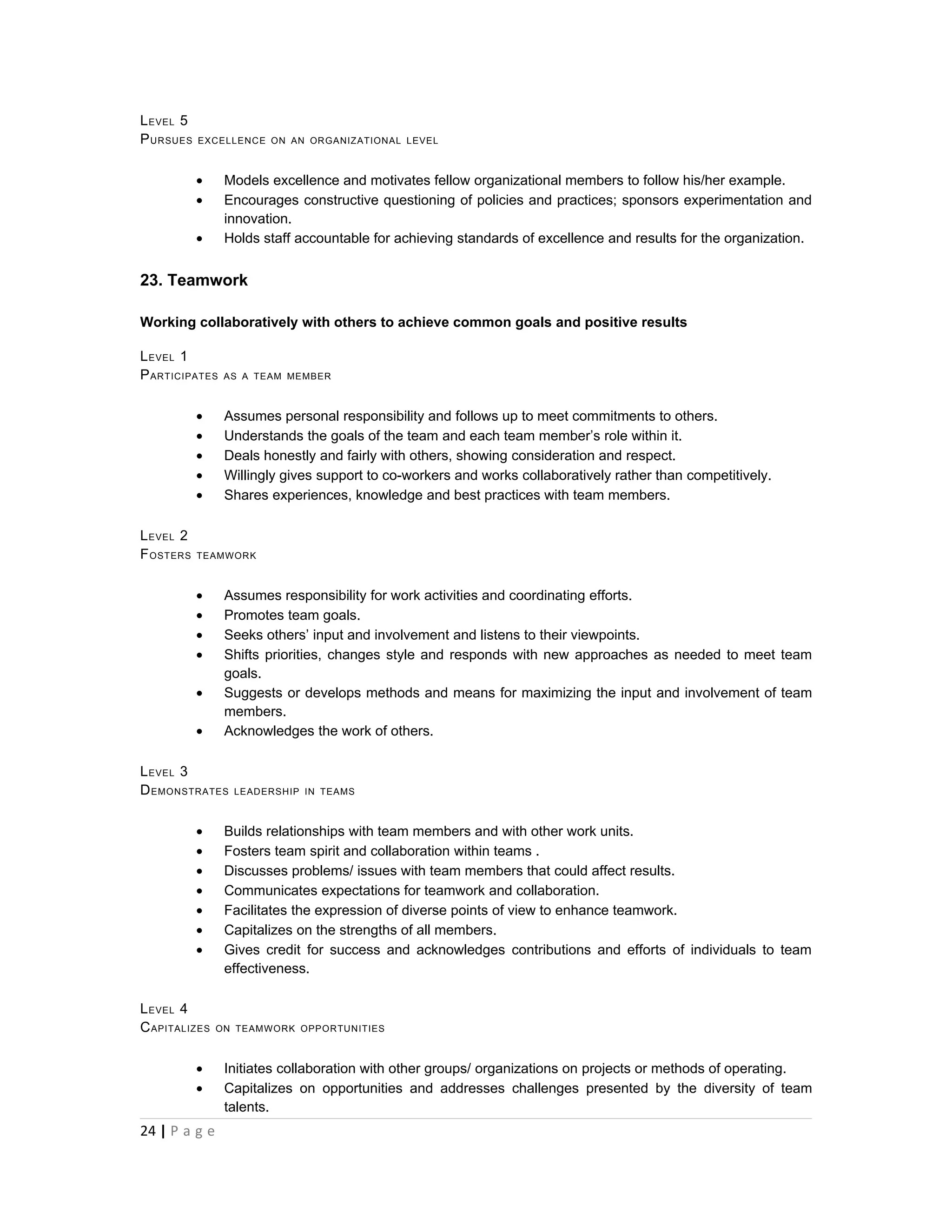 L EVEL 5
P URSUES   EXCELLENCE ON AN ORGANIZATIONAL LEVEL



           •     Models excellence and motivates fellow organizational members to follow his/her example.
           •     Encourages constructive questioning of policies and practices; sponsors experimentation and
                 innovation.
           •     Holds staff accountable for achieving standards of excellence and results for the organization.


23. Teamwork

Working collaboratively with others to achieve common goals and positive results

L EVEL 1
P ARTICIPATES    AS A TEAM MEMBER



           •     Assumes personal responsibility and follows up to meet commitments to others.
           •     Understands the goals of the team and each team member’s role within it.
           •     Deals honestly and fairly with others, showing consideration and respect.
           •     Willingly gives support to co-workers and works collaboratively rather than competitively.
           •     Shares experiences, knowledge and best practices with team members.

L EVEL 2
F OSTERS   TEAMWORK



           •     Assumes responsibility for work activities and coordinating efforts.
           •     Promotes team goals.
           •     Seeks others’ input and involvement and listens to their viewpoints.
           •     Shifts priorities, changes style and responds with new approaches as needed to meet team
                 goals.
           •     Suggests or develops methods and means for maximizing the input and involvement of team
                 members.
           •     Acknowledges the work of others.

L EVEL 3
D EMONSTRATES     LEADERSHIP IN TEAMS



           •     Builds relationships with team members and with other work units.
           •     Fosters team spirit and collaboration within teams .
           •     Discusses problems/ issues with team members that could affect results.
           •     Communicates expectations for teamwork and collaboration.
           •     Facilitates the expression of diverse points of view to enhance teamwork.
           •     Capitalizes on the strengths of all members.
           •     Gives credit for success and acknowledges contributions and efforts of individuals to team
                 effectiveness.

L EVEL 4
C APITALIZ ES   ON TEAMWORK OPPORTUNITIES



           •     Initiates collaboration with other groups/ organizations on projects or methods of operating.
           •     Capitalizes on opportunities and addresses challenges presented by the diversity of team
                 talents.
24 | P a g e
 