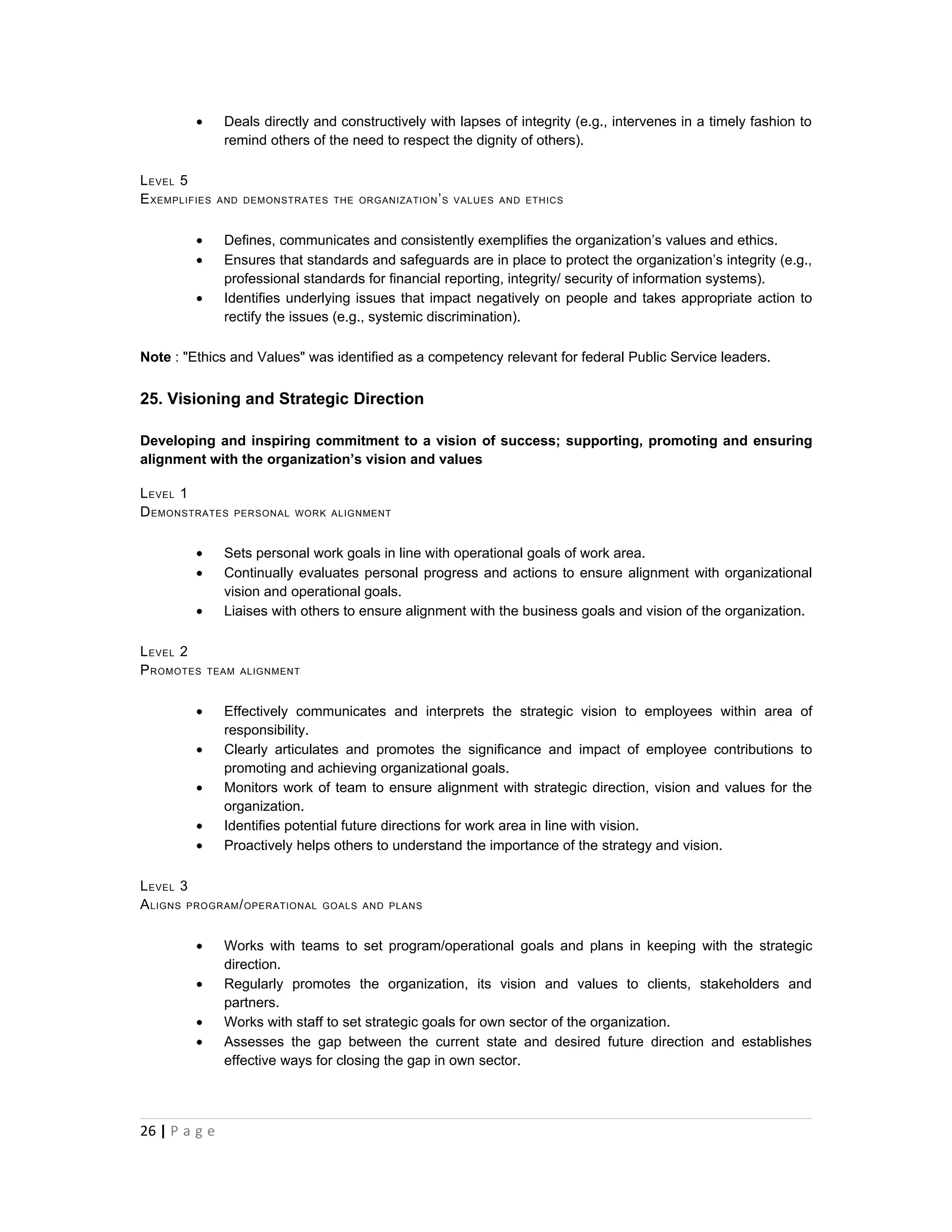 •      Deals directly and constructively with lapses of integrity (e.g., intervenes in a timely fashion to
                 remind others of the need to respect the dignity of others).

L EVEL 5
E XEMPLIF IES   AND DEMONSTRATES THE ORGANIZATION ’ S VALUES AND ETHICS



          •      Defines, communicates and consistently exemplifies the organization’s values and ethics.
          •      Ensures that standards and safeguards are in place to protect the organization’s integrity (e.g.,
                 professional standards for financial reporting, integrity/ security of information systems).
          •      Identifies underlying issues that impact negatively on people and takes appropriate action to
                 rectify the issues (e.g., systemic discrimination).

Note : "Ethics and Values" was identified as a competency relevant for federal Public Service leaders.


25. Visioning and Strategic Direction

Developing and inspiring commitment to a vision of success; supporting, promoting and ensuring
alignment with the organization’s vision and values

L EVEL 1
D EMONSTRATES     PERSONAL WORK ALIGNMENT



          •      Sets personal work goals in line with operational goals of work area.
          •      Continually evaluates personal progress and actions to ensure alignment with organizational
                 vision and operational goals.
          •      Liaises with others to ensure alignment with the business goals and vision of the organization.

L EVEL 2
P ROMOTES     TEAM ALIGNMENT



          •      Effectively communicates and interprets the strategic vision to employees within area of
                 responsibility.
          •      Clearly articulates and promotes the significance and impact of employee contributions to
                 promoting and achieving organizational goals.
          •      Monitors work of team to ensure alignment with strategic direction, vision and values for the
                 organization.
          •      Identifies potential future directions for work area in line with vision.
          •      Proactively helps others to understand the importance of the strategy and vision.

L EVEL 3
A LIGNS PROGRAM / OPERATIONAL    GOALS AND PLANS



          •      Works with teams to set program/operational goals and plans in keeping with the strategic
                 direction.
          •      Regularly promotes the organization, its vision and values to clients, stakeholders and
                 partners.
          •      Works with staff to set strategic goals for own sector of the organization.
          •      Assesses the gap between the current state and desired future direction and establishes
                 effective ways for closing the gap in own sector.




26 | P a g e
 