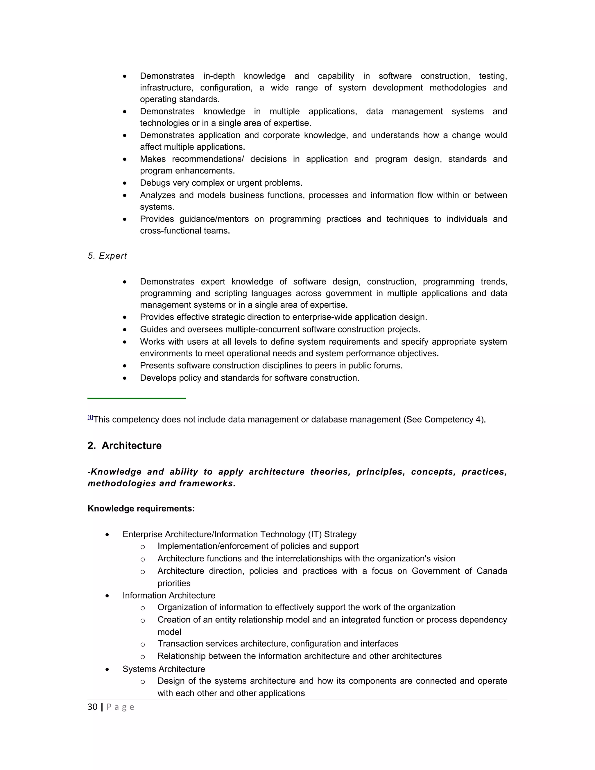 •   Demonstrates in-depth knowledge and capability in software construction, testing,
                infrastructure, configuration, a wide range of system development methodologies and
                operating standards.
            •   Demonstrates knowledge in multiple applications, data management systems and
                technologies or in a single area of expertise.
            •   Demonstrates application and corporate knowledge, and understands how a change would
                affect multiple applications.
            •   Makes recommendations/ decisions in application and program design, standards and
                program enhancements.
            •   Debugs very complex or urgent problems.
            •   Analyzes and models business functions, processes and information flow within or between
                systems.
            •   Provides guidance/mentors on programming practices and techniques to individuals and
                cross-functional teams.

5. Expert

            •   Demonstrates expert knowledge of software design, construction, programming trends,
                programming and scripting languages across government in multiple applications and data
                management systems or in a single area of expertise.
            •   Provides effective strategic direction to enterprise-wide application design.
            •   Guides and oversees multiple-concurrent software construction projects.
            •   Works with users at all levels to define system requirements and specify appropriate system
                environments to meet operational needs and system performance objectives.
            •   Presents software construction disciplines to peers in public forums.
            •   Develops policy and standards for software construction.



[1]
      This competency does not include data management or database management (See Competency 4).


2. Architecture

-Knowledge and ability to apply architecture theories, principles, concepts, practices,
methodologies and frameworks.

Knowledge requirements:

        •   Enterprise Architecture/Information Technology (IT) Strategy
                 o Implementation/enforcement of policies and support
                 o Architecture functions and the interrelationships with the organization's vision
                 o Architecture direction, policies and practices with a focus on Government of Canada
                     priorities
        •   Information Architecture
                 o Organization of information to effectively support the work of the organization
                 o Creation of an entity relationship model and an integrated function or process dependency
                     model
                 o Transaction services architecture, configuration and interfaces
                 o Relationship between the information architecture and other architectures
        •   Systems Architecture
                 o Design of the systems architecture and how its components are connected and operate
                     with each other and other applications
30 | P a g e
 