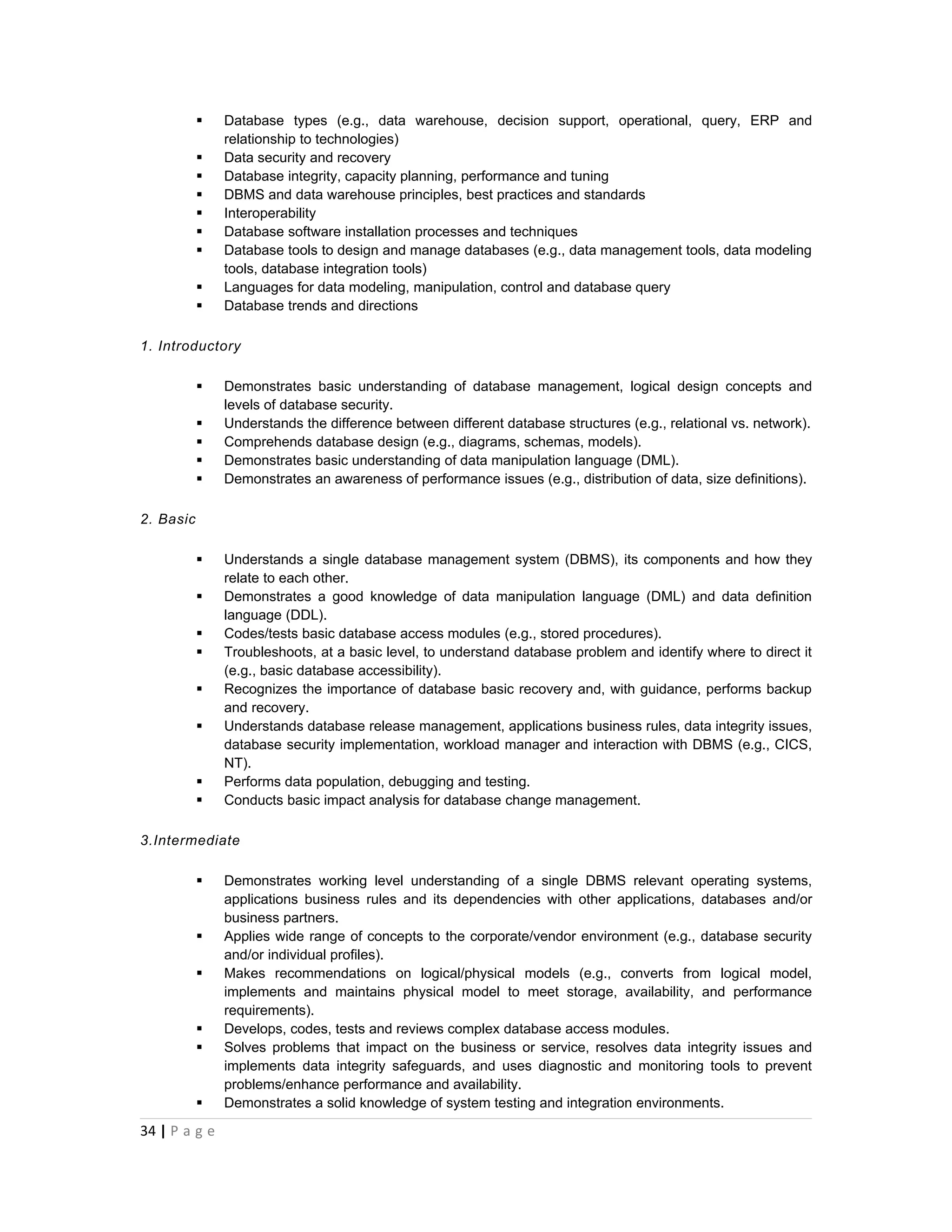   Database types (e.g., data warehouse, decision support, operational, query, ERP and
               relationship to technologies)
              Data security and recovery
              Database integrity, capacity planning, performance and tuning
              DBMS and data warehouse principles, best practices and standards
              Interoperability
              Database software installation processes and techniques
              Database tools to design and manage databases (e.g., data management tools, data modeling
               tools, database integration tools)
              Languages for data modeling, manipulation, control and database query
              Database trends and directions

1. Introductory

              Demonstrates basic understanding of database management, logical design concepts and
               levels of database security.
              Understands the difference between different database structures (e.g., relational vs. network).
              Comprehends database design (e.g., diagrams, schemas, models).
              Demonstrates basic understanding of data manipulation language (DML).
              Demonstrates an awareness of performance issues (e.g., distribution of data, size definitions).

2. Basic

              Understands a single database management system (DBMS), its components and how they
               relate to each other.
              Demonstrates a good knowledge of data manipulation language (DML) and data definition
               language (DDL).
              Codes/tests basic database access modules (e.g., stored procedures).
              Troubleshoots, at a basic level, to understand database problem and identify where to direct it
               (e.g., basic database accessibility).
              Recognizes the importance of database basic recovery and, with guidance, performs backup
               and recovery.
              Understands database release management, applications business rules, data integrity issues,
               database security implementation, workload manager and interaction with DBMS (e.g., CICS,
               NT).
              Performs data population, debugging and testing.
              Conducts basic impact analysis for database change management.

3.Intermediate

              Demonstrates working level understanding of a single DBMS relevant operating systems,
               applications business rules and its dependencies with other applications, databases and/or
               business partners.
              Applies wide range of concepts to the corporate/vendor environment (e.g., database security
               and/or individual profiles).
              Makes recommendations on logical/physical models (e.g., converts from logical model,
               implements and maintains physical model to meet storage, availability, and performance
               requirements).
              Develops, codes, tests and reviews complex database access modules.
              Solves problems that impact on the business or service, resolves data integrity issues and
               implements data integrity safeguards, and uses diagnostic and monitoring tools to prevent
               problems/enhance performance and availability.
              Demonstrates a solid knowledge of system testing and integration environments.

34 | P a g e
 