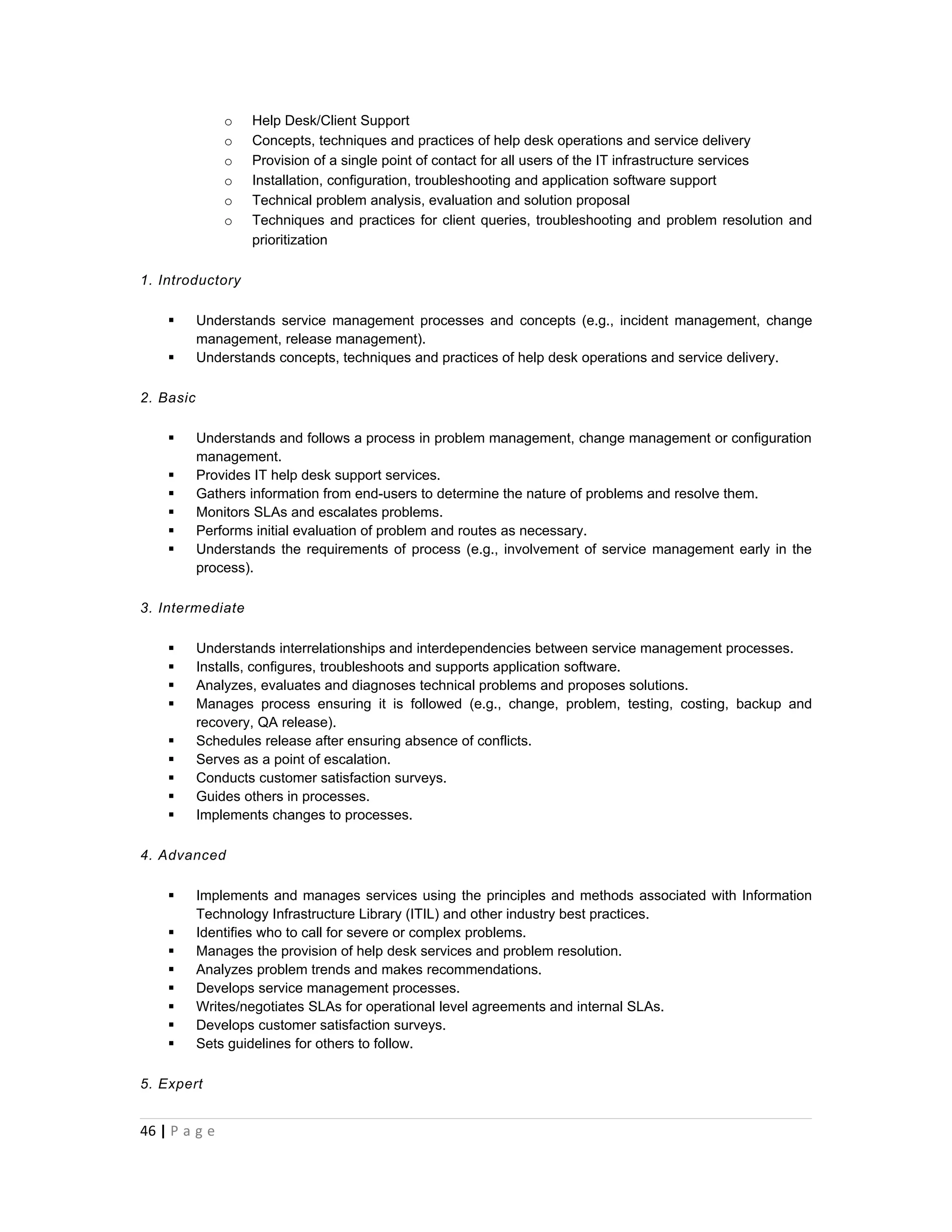 o   Help Desk/Client Support
               o   Concepts, techniques and practices of help desk operations and service delivery
               o   Provision of a single point of contact for all users of the IT infrastructure services
               o   Installation, configuration, troubleshooting and application software support
               o   Technical problem analysis, evaluation and solution proposal
               o   Techniques and practices for client queries, troubleshooting and problem resolution and
                   prioritization

1. Introductory

          Understands service management processes and concepts (e.g., incident management, change
           management, release management).
          Understands concepts, techniques and practices of help desk operations and service delivery.

2. Basic

          Understands and follows a process in problem management, change management or configuration
           management.
          Provides IT help desk support services.
          Gathers information from end-users to determine the nature of problems and resolve them.
          Monitors SLAs and escalates problems.
          Performs initial evaluation of problem and routes as necessary.
          Understands the requirements of process (e.g., involvement of service management early in the
           process).

3. Intermediate

          Understands interrelationships and interdependencies between service management processes.
          Installs, configures, troubleshoots and supports application software.
          Analyzes, evaluates and diagnoses technical problems and proposes solutions.
          Manages process ensuring it is followed (e.g., change, problem, testing, costing, backup and
           recovery, QA release).
          Schedules release after ensuring absence of conflicts.
          Serves as a point of escalation.
          Conducts customer satisfaction surveys.
          Guides others in processes.
          Implements changes to processes.

4. Advanced

          Implements and manages services using the principles and methods associated with Information
           Technology Infrastructure Library (ITIL) and other industry best practices.
          Identifies who to call for severe or complex problems.
          Manages the provision of help desk services and problem resolution.
          Analyzes problem trends and makes recommendations.
          Develops service management processes.
          Writes/negotiates SLAs for operational level agreements and internal SLAs.
          Develops customer satisfaction surveys.
          Sets guidelines for others to follow.

5. Expert


46 | P a g e
 