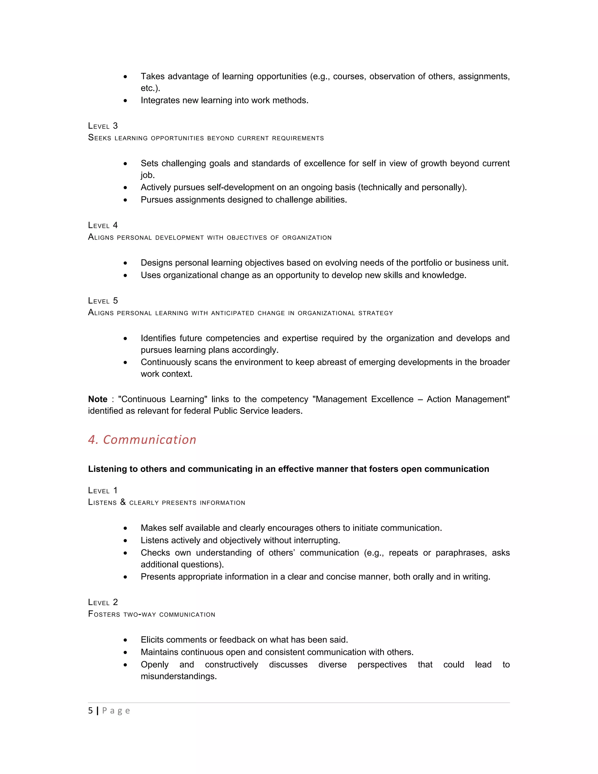 •     Takes advantage of learning opportunities (e.g., courses, observation of others, assignments,
                 etc.).
           •     Integrates new learning into work methods.

L EVEL 3
S EEKS LEARNING     OPPORTUNITIES BEYOND CURRENT REQUIREMENTS



           •     Sets challenging goals and standards of excellence for self in view of growth beyond current
                 job.
           •     Actively pursues self-development on an ongoing basis (technically and personally).
           •     Pursues assignments designed to challenge abilities.

L EVEL 4
A LIGNS PERSONAL     DEVELOPMENT WITH OBJECTIVES OF ORGANIZATION



           •     Designs personal learning objectives based on evolving needs of the portfolio or business unit.
           •     Uses organizational change as an opportunity to develop new skills and knowledge.

L EVEL 5
A LIGNS PERSONAL     LEARNING WITH ANTICIPATED CHANGE IN ORGANIZATIONAL STRATEGY



           •     Identifies future competencies and expertise required by the organization and develops and
                 pursues learning plans accordingly.
           •     Continuously scans the environment to keep abreast of emerging developments in the broader
                 work context.

Note : "Continuous Learning" links to the competency "Management Excellence – Action Management"
identified as relevant for federal Public Service leaders.


4. Communication

Listening to others and communicating in an effective manner that fosters open communication

L EVEL 1
L ISTENS &     CLEARLY PRESENTS INFORMATION



           •     Makes self available and clearly encourages others to initiate communication.
           •     Listens actively and objectively without interrupting.
           •     Checks own understanding of others’ communication (e.g., repeats or paraphrases, asks
                 additional questions).
           •     Presents appropriate information in a clear and concise manner, both orally and in writing.

L EVEL 2
F OSTERS   TWO - WAY COMMUNICATION



           •     Elicits comments or feedback on what has been said.
           •     Maintains continuous open and consistent communication with others.
           •     Openly and constructively discusses diverse perspectives that                 could   lead   to
                 misunderstandings.


5|P a g e
 