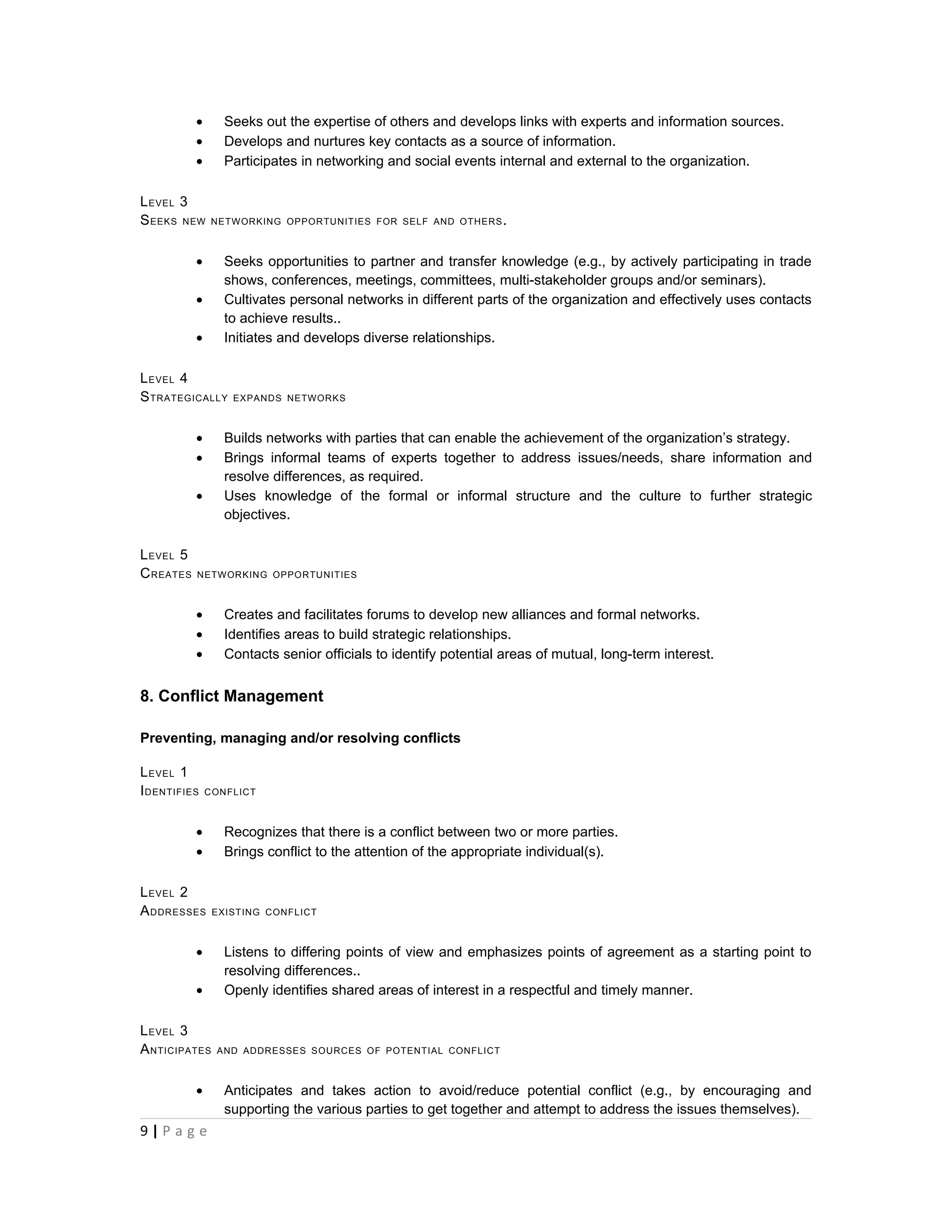 •      Seeks out the expertise of others and develops links with experts and information sources.
           •      Develops and nurtures key contacts as a source of information.
           •      Participates in networking and social events internal and external to the organization.

L EVEL 3
S EEKS NEW      NETWORKING OPPORTUNITIES FOR SELF AND OTHERS .



           •      Seeks opportunities to partner and transfer knowledge (e.g., by actively participating in trade
                  shows, conferences, meetings, committees, multi-stakeholder groups and/or seminars).
           •      Cultivates personal networks in different parts of the organization and effectively uses contacts
                  to achieve results..
           •      Initiates and develops diverse relationships.

L EVEL 4
S TRATEGICALLY     EXPANDS NETWORKS



           •      Builds networks with parties that can enable the achievement of the organization’s strategy.
           •      Brings informal teams of experts together to address issues/needs, share information and
                  resolve differences, as required.
           •      Uses knowledge of the formal or informal structure and the culture to further strategic
                  objectives.

L EVEL 5
C REATES   NETWORKING OPPORTUNITIES



           •      Creates and facilitates forums to develop new alliances and formal networks.
           •      Identifies areas to build strategic relationships.
           •      Contacts senior officials to identify potential areas of mutual, long-term interest.


8. Conflict Management

Preventing, managing and/or resolving conflicts

L EVEL 1
I DENTIFIES    CONFLICT



           •      Recognizes that there is a conflict between two or more parties.
           •      Brings conflict to the attention of the appropriate individual(s).

L EVEL 2
A DDRESSES      EXISTING CONFLICT



           •      Listens to differing points of view and emphasizes points of agreement as a starting point to
                  resolving differences..
           •      Openly identifies shared areas of interest in a respectful and timely manner.

L EVEL 3
A NTICIPATES    AND ADDRESSES SOURCES OF POTENTIAL CONFLICT



           •      Anticipates and takes action to avoid/reduce potential conflict (e.g., by encouraging and
                  supporting the various parties to get together and attempt to address the issues themselves).
9|P a g e
 