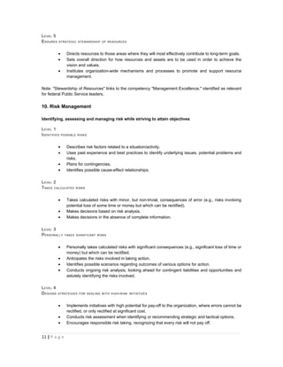 L EVEL 5
E NSURES   STRATEGIC STEWARDSHIP OF RESOURCES



           •      Directs resources to those areas where they will most effectively contribute to long-term goals.
           •      Sets overall direction for how resources and assets are to be used in order to achieve the
                  vision and values.
           •      Institutes organization-wide mechanisms and processes to promote and support resource
                  management.

Note: "Stewardship of Resources" links to the competency "Management Excellence," identified as relevant
for federal Public Service leaders.


10. Risk Management

Identifying, assessing and managing risk while striving to attain objectives

L EVEL 1
I DENTIFIES    POSSIBL E RISKS



           •      Describes risk factors related to a situation/activity.
           •      Uses past experience and best practices to identify underlying issues, potential problems and
                  risks.
           •      Plans for contingencies.
           •      Identifies possible cause-effect relationships.

L EVEL 2
T AKES CALCULATED      RISKS



           •      Takes calculated risks with minor, but non-trivial, consequences of error (e.g., risks involving
                  potential loss of some time or money but which can be rectified).
           •      Makes decisions based on risk analysis.
           •      Makes decisions in the absence of complete information.

L EVEL 3
P ERSONALLY      TAKES SIGNIFICANT RISKS



           •      Personally takes calculated risks with significant consequences (e.g., significant loss of time or
                  money) but which can be rectified.
           •      Anticipates the risks involved in taking action.
           •      Identifies possible scenarios regarding outcomes of various options for action.
           •      Conducts ongoing risk analysis, looking ahead for contingent liabilities and opportunities and
                  astutely identifying the risks involved.

L EVEL 4
D ESIGNS   STRATEGIES FOR DEALING WITH HIGH - RISK INITIATIVES



           •      Implements initiatives with high potential for pay-off to the organization, where errors cannot be
                  rectified, or only rectified at significant cost.
           •      Conducts risk assessment when identifying or recommending strategic and tactical options.
           •      Encourages responsible risk taking, recognizing that every risk will not pay off.


11 | P a g e
 