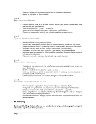 •     Uses client satisfaction monitoring methodologies to ensure client satisfaction.
           •     Adjusts service based on client feedback.

L EVEL 2
B UILDS POSITIVE   CLIENT   R ELATIONS

           •     Contacts clients to follow up on services, solutions or products to ensure that their needs have
                 been correctly and effectively met.
           •     Understands issues from the client’s perspective.
           •     Keeps clients up-to-date with information and decisions that affect them.
           •     Monitors services provided to clients and makes timely adjustments as required.

L EVEL 3
A NTICIPATES    AND ADAPTS TO CLIENT NEEDS



           •     Maintains ongoing communication with clients.
           •     Regularly and systematically contacts clients or prospective clients to determine their needs.
           •     Uses understanding of client’s perspective to identify constraints and advocate on their behalf.
           •     Works with clients to adapt services, products or solutions to meet their needs.
           •     Encourages co-workers and teams to achieve a high standard of service excellence.
           •     Anticipates areas where support or influence will be required and discusses situation/concerns
                 with appropriate individuals.
           •     Proposes new, creative and sound alternatives to improve client service.

L EVEL 4
F OSTERS   A CLIENT - FOCUSED CULTURE



           •     Tracks trends and developments that will affect own organization’s ability to meet current and
                 future client needs.
           •     Identifies benefits for clients; looks for ways to add value.
           •     Seeks out and involves clients or prospective clients in assessing services, solutions or
                 products to identify ways to improve.
           •     Establishes service standards and develops strategies to ensure staff meet them.

L EVEL 5
C ONSIDERS     THE STRATEGIC DIRECTION OF CLIENT FOCUS



           •     Communicates the organization’s mission, vision and values to external clients.
           •     Strategically and systematically evaluates new opportunities to develop client relationships.
           •     Creates an environment in which concern for client satisfaction is a key priority.
           •     Links a comprehensive and in-depth understanding of clients’ long-term needs and strategies
                 with current and proposed projects/initiatives.
           •     Recommends/ determines strategic business direction to meet projected needs of clients and
                 prospective clients.


17. Partnering

Seeking and building strategic alliances and collaborative arrangements through partnerships to
advance the objectives of the organization



17 | P a g e
 