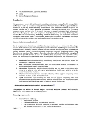 9. Security/Information and Application Protection
    10. Testing
    11. Service Management Processes

Introduction

Competencies are observable abilities, skills, knowledge, motivations or traits defined in terms of the
behaviours needed for successful job performance. Often competencies reflect very general attributes
common to all jobs (e.g., analytical thinking, problem solving, client orientation). However, the goal of the
present exercise was to identify technical competencies - competencies required from incumbents
occupying various jobs/roles in the IT Community that reflect the unique knowledge and skill set expected
from these IT employees – that would complement the Behavioural Competency Dictionary. The
resulting Technical Competency Dictionary for the IT Community was developed in partnership
with subject matter experts in the IT Community and is the outcome of numerous interviews and discussions
with CS representatives in different roles and levels from several large departments.

How Are the Competencies Structured?

For all competencies in the dictionary, a brief definition is provided as well as a list of points of knowledge
required. Each competency also includes a proficiency scale that indicates the full range of expression of the
competency. Each proficiency scale has five levels indicating the depth and breadth to which knowledge and
skill are required in the job. Each proficiency level is described in terms of behavioural indicators. The
behaviours at each level of the scale are illustrative rather than definitive; that is, other examples of
behaviour are possible and can be used at each level. Each competency scale is cumulative which
means that, although behaviours from lower levels are not repeated at higher level, they nonetheless apply.


    1.   Introductory: Demonstrates introductory understanding and ability and, with guidance, applies the
         competency in a few simple situations.
    2.   Basic: Demonstrates basic knowledge and ability and, with guidance, can apply the competency in
         common situations that present limited difficulties.
    3.   Intermediate: Demonstrates solid knowledge and ability, and can apply the competency with
         minimal or no guidance in the full range of typical situations. Would require guidance to handle
         novel or more complex situations.
    4.   Advanced:Demonstrates advanced knowledge and ability, and can apply the competency in new
         or complex situations. Guides other professionals.
    5.   Expert: Demonstrates expert knowledge and ability, and can apply the competency in the most
         complex situations. Develops new approaches, methods or policies in the area. Is recognized as an
         expert, internally and/or externally. Leads the guidance of other professionals.


1. Application Development/Support and Maintenance[1]

-Knowledge and ability to design, define, construct, enhance, support and maintain
application software on one or more platforms.

Knowledge requirements:

        Systems Analysis and Design
             o Requirements Analysis
             o General/external design (includes design principles)
             o Use of established techniques to assist in the analysis of business data/information flows
                 and database construction (e.g., data and functional modeling)
28 | P a g e
 
