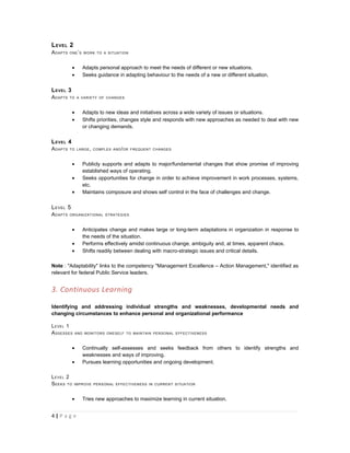 L EVEL 2
A DAPTS   ONE ’ S WORK TO A SITUATION



            •      Adapts personal approach to meet the needs of different or new situations.
            •      Seeks guidance in adapting behaviour to the needs of a new or different situation.


L EVEL 3
A DAPTS   TO A VARIETY OF CHANGES



            •      Adapts to new ideas and initiatives across a wide variety of issues or situations.
            •      Shifts priorities, changes style and responds with new approaches as needed to deal with new
                   or changing demands.

L EVEL 4
A DAPTS   TO LARGE , COMPLEX AND / OR FREQUENT CHANGES



            •      Publicly supports and adapts to major/fundamental changes that show promise of improving
                   established ways of operating.
            •      Seeks opportunities for change in order to achieve improvement in work processes, systems,
                   etc.
            •      Maintains composure and shows self control in the face of challenges and change.


L EVEL 5
A DAPTS   ORGANIZATIONAL STRATEGIES



            •      Anticipates change and makes large or long-term adaptations in organization in response to
                   the needs of the situation.
            •      Performs effectively amidst continuous change, ambiguity and, at times, apparent chaos.
            •      Shifts readily between dealing with macro-strategic issues and critical details.

Note : "Adaptability" links to the competency "Management Excellence – Action Management," identified as
relevant for federal Public Service leaders.


3. Continuous Learning

Identifying and addressing individual strengths and weaknesses, developmental needs and
changing circumstances to enhance personal and organizational performance

L EVEL 1
A SSESSES       AND MONITORS ONESELF TO MAINTAIN PERSONAL EFFECTIVENESS



            •      Continually self-assesses and seeks feedback from others to identify strengths and
                   weaknesses and ways of improving.
            •      Pursues learning opportunities and ongoing development.

L EVEL 2
S EEKS TO   IMPROVE PERSONAL EFFECTIVENESS IN CURRENT SITUATION



            •      Tries new approaches to maximize learning in current situation.


4|P a g e
 