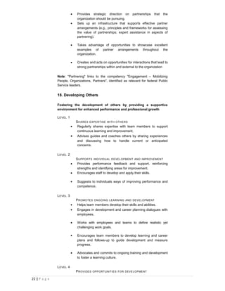 •   Provides strategic direction on partnerships that the
                              organization should be pursuing.
                          •   Sets up an infrastructure that supports effective partner
                              arrangements (e.g., principles and frameworks for assessing
                              the value of partnerships; expert assistance in aspects of
                              partnering).

                          •   Takes advantage of opportunities to showcase excellent
                              examples of partner arrangements throughout the
                              organization.

                          •   Creates and acts on opportunities for interactions that lead to
                              strong partnerships within and external to the organization

               Note: "Partnering" links to the competency "Engagement – Mobilizing
               People, Organizations, Partners", identified as relevant for federal Public
               Service leaders.


               18. Developing Others

               Fostering the development of others by providing a supportive
               environment for enhanced performance and professional growth

               L EVEL 1
                              S HARES EXPERTISE W ITH OTHERS
                          •    Regularly shares expertise with team members to support
                               continuous learning and improvement.
                          •   Advises guides and coaches others by sharing experiences
                              and discussing how to handle current or anticipated
                              concerns.

               L EVEL 2
                              S UPPORTS INDIVIDUAL DEVELOPMENT AND IMPROVEMENT
                          •    Provides performance feedback and support, reinforcing
                               strengths and identifying areas for improvement.
                          •    Encourages staff to develop and apply their skills.

                          •   Suggests to individuals ways of improving performance and
                              competence.

               L EVEL 3
                              P ROMOTES ONGOING LEARNING AND DEVELOPMENT
                          •    Helps team members develop their skills and abilities.
                          •    Engages in development and career planning dialogues with
                               employees.

                          •   Works with employees and teams to define realistic yet
                              challenging work goals.

                          •   Encourages team members to develop learning and career
                              plans and follows-up to guide development and measure
                              progress.

                          •   Advocates and commits to ongoing training and development
                              to foster a learning culture.

               L EVEL 4
                              P ROVIDES OPPORTUNITIES FOR DEVELOPMENT

22 | P a g e
 