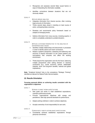 •   Recognizes and assesses several likely causal factors or
                              ways of interpreting the information available.

                          •   Identifies connections between situations that are not
                              obviously related.

               L EVEL 4
                              A PPLIES BROAD ANALYSIS
                          •    Integrates information from diverse sources, often involving
                               large amounts of information.
                          •    Thinks several steps ahead in deciding on best course of
                               action, anticipating likely outcomes.

                          •   Develops and recommends policy framework based on
                              analysis of emerging trends.

                          •   Gathers information from many sources, including experts, in
                              order to completely understand a problem/situation.

               L EVEL 5
                              A PPLIES A SYSTEMS PERSPECTIVE TO THE ANALYSIS OF
                              ENTERPRISE - W IDE ISSUES
                          •    Identifies multiple relationships and disconnects in processes
                               in order to identify options and reach conclusions.
                          •    Adopts a systems perspective, assessing and balancing vast
                               amounts of diverse information on the varied systems and
                               sub-systems that comprise and affect the working
                               environment.

                          •   Thinks beyond the organization and into the future, balancing
                              multiple perspectives when setting direction or reaching
                              conclusions (e.g., social, economic, partner, stakeholder
                              interests, short- and long-term benefits, national and global
                              implications).

               Note: "Analytical thinking" links to the competency "Strategic Thinking"
               identified as relevant for federal Public Service leaders.


               22. Results Orientation

               Focusing personal efforts on achieving results consistent with the
               organization’s objectives

               L EVEL 1
                              S TRIVES TO MEET W ORK EXPECTATIONS
                          •    Sets goals and works to meet established expectations;
                               maintains performance levels.
                          •    Pursues organizational objectives with energy and
                               persistence. Sets high personal standards for performance.

                          •   Adapts working methods in order to achieve objectives.

                          •   Accepts ownership of and responsibility for own work.

               L EVEL 2
                              C ONSISTENTLY MEETS ESTABLISHED EXPECTATIONS
                          •    Consistently achieves established expectations through
                               personal commitment.

27 | P a g e
 