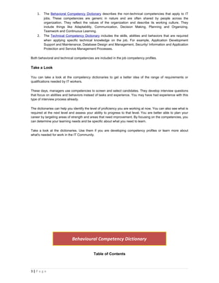 1.   The Behavioral Competency Dictionary describes the non-technical competencies that apply to IT
         jobs. These competencies are generic in nature and are often shared by people across the
         organization. They reflect the values of the organization and describe its working culture. They
         include things like Adaptability, Communication, Decision Making, Planning and Organizing,
         Teamwork and Continuous Learning.
    2.   The Technical Competency Dictionary includes the skills, abilities and behaviors that are required
         when applying specific technical knowledge on the job. For example, Application Development
         Support and Maintenance, Database Design and Management, Security/ Information and Application
         Protection and Service Management Processes.

Both behavioral and technical competencies are included in the job competency profiles.


Take a Look

You can take a look at the competency dictionaries to get a better idea of the range of requirements or
qualifications needed by IT workers.

These days, managers use competencies to screen and select candidates. They develop interview questions
that focus on abilities and behaviors instead of tasks and experience. You may have had experience with this
type of interview process already.

The dictionaries can help you identify the level of proficiency you are working at now. You can also see what is
required at the next level and assess your ability to progress to that level. You are better able to plan your
career by targeting areas of strength and areas that need improvement. By focusing on the competencies, you
can determine your learning needs and be specific about what you need to learn.

Take a look at the dictionaries. Use them if you are developing competency profiles or learn more about
what's needed for work in the IT Community.




                             Behavioural Competency Dictionary

                                            Table of Contents



3|P a g e
 