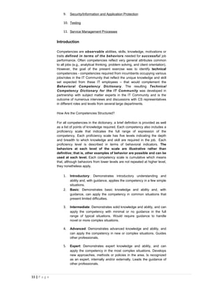 9.   Security/Information and Application Protection

                   10. Testing

                   11. Service Management Processes

               Introduction

               Competencies are observable abilities, skills, knowledge, motivations or
               traits defined in terms of the behaviors needed for successful job
               performance. Often competencies reflect very general attributes common
               to all jobs (e.g., analytical thinking, problem solving, and client orientation).
               However, the goal of the present exercise was to identify technical
               competencies - competencies required from incumbents occupying various
               jobs/roles in the IT Community that reflect the unique knowledge and skill
               set expected from these IT employees – that would complement the
               Behavioral Competency Dictionary. The resulting Technical
               Competency Dictionary for the IT Community was developed in
               partnership with subject matter experts in the IT Community and is the
               outcome of numerous interviews and discussions with CS representatives
               in different roles and levels from several large departments.

               How Are the Competencies Structured?

               For all competencies in the dictionary, a brief definition is provided as well
               as a list of points of knowledge required. Each competency also includes a
               proficiency scale that indicates the full range of expression of the
               competency. Each proficiency scale has five levels indicating the depth
               and breadth to which knowledge and skill are required in the job. Each
               proficiency level is described in terms of behavioral indicators. The
               behaviors at each level of the scale are illustrative rather than
               definitive; that is, other examples of behavior are possible and can be
               used at each level. Each competency scale is cumulative which means
               that, although behaviors from lower levels are not repeated at higher level,
               they nonetheless apply.


                   1.   Introductory: Demonstrates introductory understanding and
                        ability and, with guidance, applies the competency in a few simple
                        situations.
                   2.   Basic: Demonstrates basic knowledge and ability and, with
                        guidance, can apply the competency in common situations that
                        present limited difficulties.

                   3.   Intermediate: Demonstrates solid knowledge and ability, and can
                        apply the competency with minimal or no guidance in the full
                        range of typical situations. Would require guidance to handle
                        novel or more complex situations.

                   4.   Advanced: Demonstrates advanced knowledge and ability, and
                        can apply the competency in new or complex situations. Guides
                        other professionals.

                   5.   Expert: Demonstrates expert knowledge and ability, and can
                        apply the competency in the most complex situations. Develops
                        new approaches, methods or policies in the area. Is recognized
                        as an expert, internally and/or externally. Leads the guidance of
                        other professionals.



33 | P a g e
 