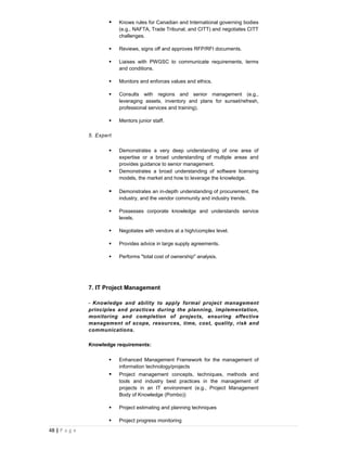    Knows rules for Canadian and International governing bodies
                           (e.g., NAFTA, Trade Tribunal, and CITT) and negotiates CITT
                           challenges.

                          Reviews, signs off and approves RFP/RFI documents.

                          Liaises with PWGSC to communicate requirements, terms
                           and conditions.

                          Monitors and enforces values and ethics.

                          Consults with regions and senior management (e.g.,
                           leveraging assets, inventory and plans for sunset/refresh,
                           professional services and training).

                          Mentors junior staff.

               5. Expert

                          Demonstrates a very deep understanding of one area of
                           expertise or a broad understanding of multiple areas and
                           provides guidance to senior management.
                          Demonstrates a broad understanding of software licensing
                           models, the market and how to leverage the knowledge.

                          Demonstrates an in-depth understanding of procurement, the
                           industry, and the vendor community and industry trends.

                          Possesses corporate knowledge and understands service
                           levels.

                          Negotiates with vendors at a high/complex level.

                          Provides advice in large supply agreements.

                          Performs "total cost of ownership" analysis.




               7. IT Project Management

               - Knowledge and ability to apply formal project management
               principles and practices during the planning, implementation,
               monitoring and completion of projects, ensuring effective
               management of scope, resources, time, cost, quality, risk and
               communications.

               Knowledge requirements:

                          Enhanced Management Framework for the management of
                           information technology/projects
                          Project management concepts, techniques, methods and
                           tools and industry best practices in the management of
                           projects in an IT environment (e.g., Project Management
                           Body of Knowledge (Pombo))

                          Project estimating and planning techniques

                          Project progress monitoring
48 | P a g e
 