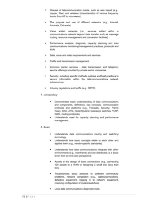       Classes of telecommunication media, such as wire based (e.g.,
                          copper, fiber) and wireless (characteristics of various frequency
                          bands from HF to microwave)

                         The purpose and use of different networks (e.g., Internet,
                          Intranets, Extranets)

                         Value added networks (i.e., services added within a
                          communications network beyond data transfer such as message
                          routing, resource management and conversion facilities)

                         Performance analysis, diagnosis, capacity planning and data
                          communications monitoring/management practices, protocols and
                          tools

                         Data, voice and video requirements and services

                         Traffic and transmission management

                         Common carrier services - data transmission and telephony
                          service offerings provided by private sector companies

                         Security, including specific methods, policies and best practices to
                          secure information within the telecommunications network
                          infrastructure

                         Industry regulations and tariffs (e.g., CRTC)

               1. Introductory

                             Demonstrates basic understanding of data communications
                              and components, definitions, key concepts, communication
                              protocols and platforms (e.g., Firewalls, Security, Frame
                              Relay, SNA, ATM, Hubs/Routers/ Gateways switches, VOIP,
                              ISDN, routing protocols).
                             Understands need for capacity planning and performance
                              management.

               2. Basic

                             Understands data communications routing and switching
                              technology.
                             Understands how basic concepts relate to each other and
                              applies them (e.g., vendor-specific standards).

                             Understands how data communications integrate with other
                              environments (e.g., mainframe) and are distributed, at a basic
                              level, from an end-user perspective.

                             Assists in the design of basic connections (e.g., connecting
                              100 people to a WAN or designing a small site (less than
                              50)).

                             Troubleshoots basic physical or software connectivity
                              problems, network congestion (e.g., cables/connections,
                              defective equipment, logging in to network equipment,
                              checking configuration of routers/switches).

                             Uses data communications diagnostic tools.


51 | P a g e
 
