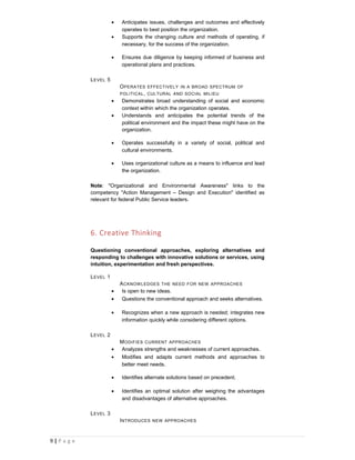 •   Anticipates issues, challenges and outcomes and effectively
                           operates to best position the organization.
                       •   Supports the changing culture and methods of operating, if
                           necessary, for the success of the organization.

                       •   Ensures due diligence by keeping informed of business and
                           operational plans and practices.

            L EVEL 5
                           O PERATES EFFECTIVELY IN A BROAD SPECTRUM OF
                           POLITICAL , CULTURAL AND SOCIAL MILIEU
                       •    Demonstrates broad understanding of social and economic
                            context within which the organization operates.
                       •    Understands and anticipates the potential trends of the
                            political environment and the impact these might have on the
                            organization.

                       •   Operates successfully in a variety of social, political and
                           cultural environments.

                       •   Uses organizational culture as a means to influence and lead
                           the organization.

            Note: "Organizational and Environmental Awareness" links to the
            competency "Action Management – Design and Execution" identified as
            relevant for federal Public Service leaders.




            6. Creative Thinking

            Questioning conventional approaches, exploring alternatives and
            responding to challenges with innovative solutions or services, using
            intuition, experimentation and fresh perspectives.

            L EVEL 1
                           A CKNOW LEDGES THE NEED FOR NEW APPROACHES
                       •    Is open to new ideas.
                       •    Questions the conventional approach and seeks alternatives.

                       •   Recognizes when a new approach is needed; integrates new
                           information quickly while considering different options.

            L EVEL 2
                           M ODIFIES CURRENT APPROACHES
                       •   Analyzes strengths and weaknesses of current approaches.
                       •   Modifies and adapts current methods and approaches to
                           better meet needs.

                       •   Identifies alternate solutions based on precedent.

                       •   Identifies an optimal solution after weighing the advantages
                           and disadvantages of alternative approaches.

            L EVEL 3
                           I NTRODUCES NEW APPROACHES


9|P a g e
 