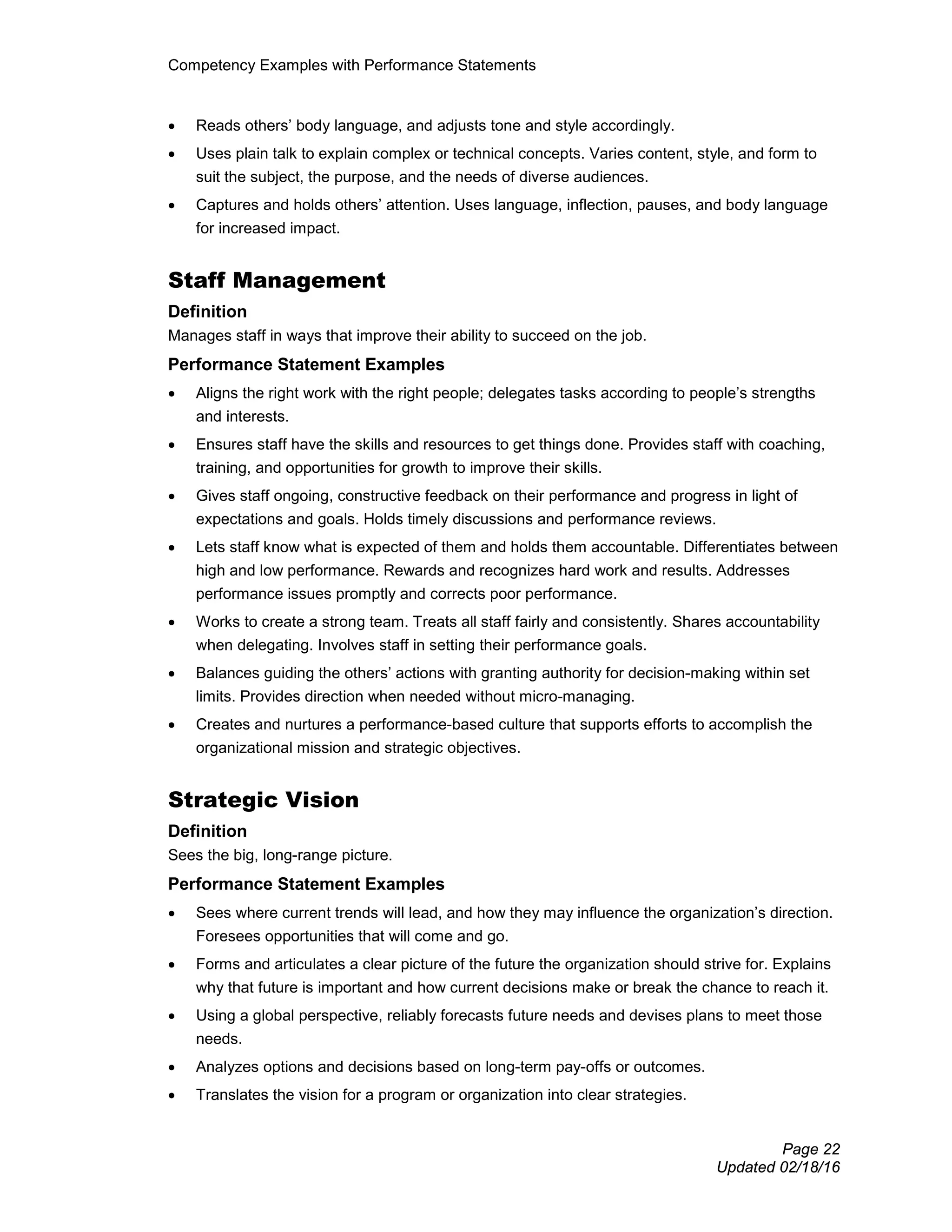 Competency Examples with Performance Statements
Page 22
Updated 02/18/16
• Reads others’ body language, and adjusts tone and style accordingly.
• Uses plain talk to explain complex or technical concepts. Varies content, style, and form to
suit the subject, the purpose, and the needs of diverse audiences.
• Captures and holds others’ attention. Uses language, inflection, pauses, and body language
for increased impact.
Staff Management
Definition
Manages staff in ways that improve their ability to succeed on the job.
Performance Statement Examples
• Aligns the right work with the right people; delegates tasks according to people’s strengths
and interests.
• Ensures staff have the skills and resources to get things done. Provides staff with coaching,
training, and opportunities for growth to improve their skills.
• Gives staff ongoing, constructive feedback on their performance and progress in light of
expectations and goals. Holds timely discussions and performance reviews.
• Lets staff know what is expected of them and holds them accountable. Differentiates between
high and low performance. Rewards and recognizes hard work and results. Addresses
performance issues promptly and corrects poor performance.
• Works to create a strong team. Treats all staff fairly and consistently. Shares accountability
when delegating. Involves staff in setting their performance goals.
• Balances guiding the others’ actions with granting authority for decision-making within set
limits. Provides direction when needed without micro-managing.
• Creates and nurtures a performance-based culture that supports efforts to accomplish the
organizational mission and strategic objectives.
Strategic Vision
Definition
Sees the big, long-range picture.
Performance Statement Examples
• Sees where current trends will lead, and how they may influence the organization’s direction.
Foresees opportunities that will come and go.
• Forms and articulates a clear picture of the future the organization should strive for. Explains
why that future is important and how current decisions make or break the chance to reach it.
• Using a global perspective, reliably forecasts future needs and devises plans to meet those
needs.
• Analyzes options and decisions based on long-term pay-offs or outcomes.
• Translates the vision for a program or organization into clear strategies.
 