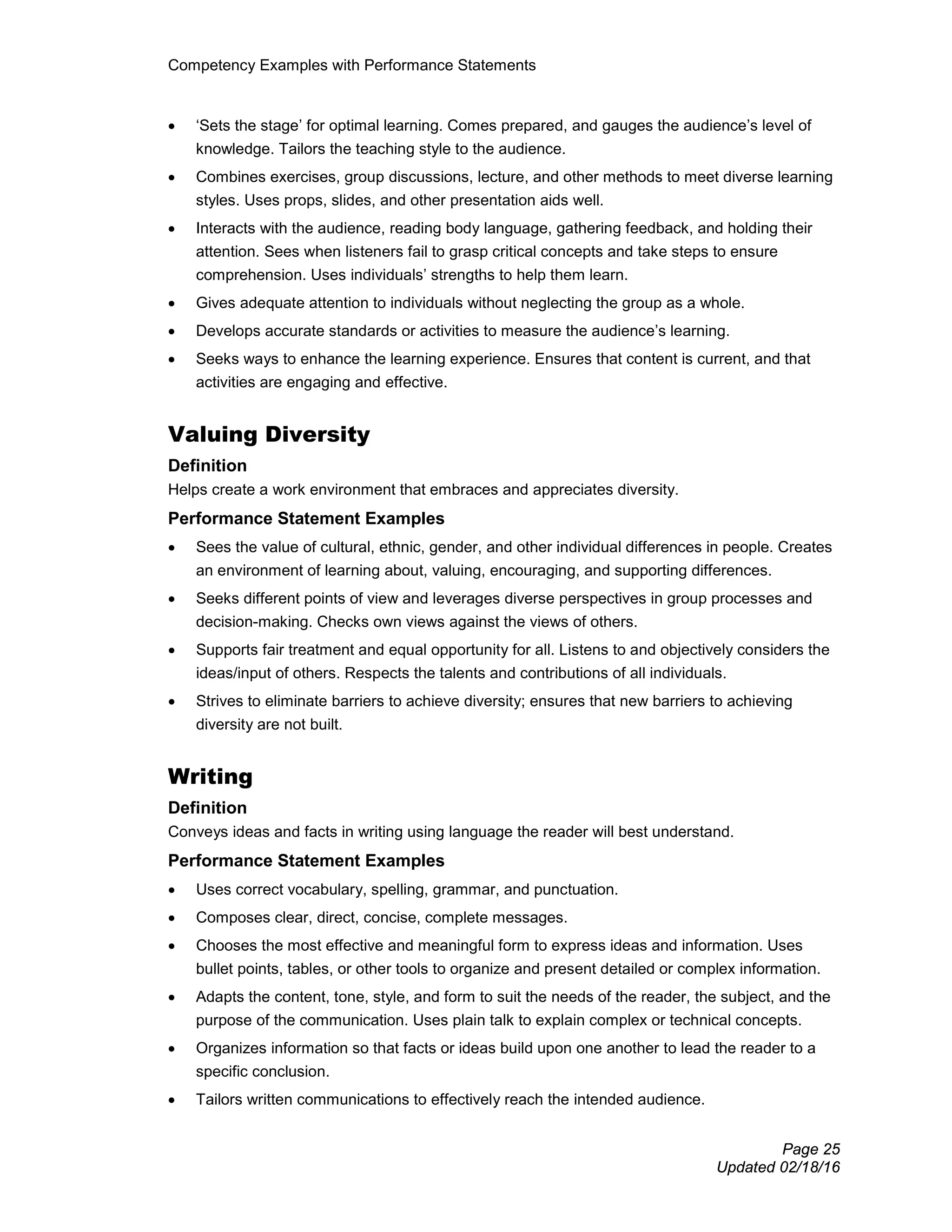 Competency Examples with Performance Statements
Page 25
Updated 02/18/16
• ‘Sets the stage’ for optimal learning. Comes prepared, and gauges the audience’s level of
knowledge. Tailors the teaching style to the audience.
• Combines exercises, group discussions, lecture, and other methods to meet diverse learning
styles. Uses props, slides, and other presentation aids well.
• Interacts with the audience, reading body language, gathering feedback, and holding their
attention. Sees when listeners fail to grasp critical concepts and take steps to ensure
comprehension. Uses individuals’ strengths to help them learn.
• Gives adequate attention to individuals without neglecting the group as a whole.
• Develops accurate standards or activities to measure the audience’s learning.
• Seeks ways to enhance the learning experience. Ensures that content is current, and that
activities are engaging and effective.
Valuing Diversity
Definition
Helps create a work environment that embraces and appreciates diversity.
Performance Statement Examples
• Sees the value of cultural, ethnic, gender, and other individual differences in people. Creates
an environment of learning about, valuing, encouraging, and supporting differences.
• Seeks different points of view and leverages diverse perspectives in group processes and
decision-making. Checks own views against the views of others.
• Supports fair treatment and equal opportunity for all. Listens to and objectively considers the
ideas/input of others. Respects the talents and contributions of all individuals.
• Strives to eliminate barriers to achieve diversity; ensures that new barriers to achieving
diversity are not built.
Writing
Definition
Conveys ideas and facts in writing using language the reader will best understand.
Performance Statement Examples
• Uses correct vocabulary, spelling, grammar, and punctuation.
• Composes clear, direct, concise, complete messages.
• Chooses the most effective and meaningful form to express ideas and information. Uses
bullet points, tables, or other tools to organize and present detailed or complex information.
• Adapts the content, tone, style, and form to suit the needs of the reader, the subject, and the
purpose of the communication. Uses plain talk to explain complex or technical concepts.
• Organizes information so that facts or ideas build upon one another to lead the reader to a
specific conclusion.
• Tailors written communications to effectively reach the intended audience.
 