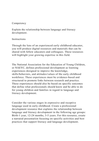 Competency
Explain the relationship between language and literacy
development.
Instructions
Through the lens of an experienced early childhood educator,
you will produce digital resources and materials that can be
shared with fellow educators and colleagues. These resources
will highlight your growing expertise in this field.
The National Association for the Education of Young Children,
or NAEYC, defines professional development as learning
experiences designed to improve the knowledge,
skills/behaviors, and attitudes/values of the early childhood
workforce. These experiences must be evidence-based and
structured to promote links between research and practice.
These experiences should also be based on specific outcomes
that define what professionals should know and be able to do
for young children and families in regard to language and
literacy development.
Consider the various stages in expressive and receptive
language used in early childhood. Create a professional
development resource that explains the relationship between
language and literacy development in the following age groups:
Birth-1 year, 12-24 months, 3-5 years. For this resource, create
a narrated presentation focusing on specific activities and best
practices that support literacy and language development.
 