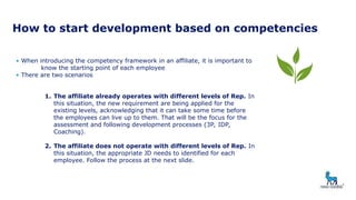 How to start development based on competencies
• When introducing the competency framework in an affiliate, it is important to
know the starting point of each employee
• There are two scenarios
1. The affiliate already operates with different levels of Rep. In
this situation, the new requirement are being applied for the
existing levels, acknowledging that it can take some time before
the employees can live up to them. That will be the focus for the
assessment and following development processes (3P, IDP,
Coaching).
2. The affiliate does not operate with different levels of Rep. In
this situation, the appropriate JD needs to identified for each
employee. Follow the process at the next slide.
 