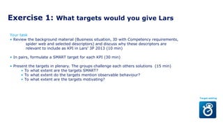 Exercise 1: What targets would you give Lars
Your task
• Review the background material (Business situation, JD with Competency requirements,
spider web and selected descriptors) and discuss why these descriptors are
relevant to include as KPI in Lars’ 3P 2013 (10 min)
• In pairs, formulate a SMART target for each KPI (30 min)
• Present the targets in plenary. The groups challenge each others solutions (15 min)
• To what extent are the targets SMART?
• To what extent do the targets mention observable behaviour?
• To what extent are the targets motivating?
Target setting
 