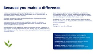 Because you make a difference
In order to keep ahead and maintain high growth in the industry, we must
continuously drive results by working collaboratively to find improved ways for
conducting ambitious business activities.
Continued success can only be achieved if we develop and keep talented and
motivated people in Novo Nordisk.
How successful you are and the goals you achieve depends on your own
commitment, ambition and performance as well as how you make use of the
opportunities Novo Nordisk provides.
Developing your career is a journey based on continuous learning. Irrespective of
your position, you should always seek to grow, develop your job and broaden your
skills and experience. If all of us grow in our careers, both Novo Nordisk and we as
individuals flourish.
Using this career guide, as well as all the other well established
processes we have for 3P and IDP, and working in partnership with
your manager, will help you develop your career so that we together
can achieve our goals no matter what level you are at.
All the best for a long, exciting and life-changing career with Novo
Nordisk. Together we can change the future of Diabetes and other life
threatening diseases.
Regards
Management team IO and Europe
The career guide will help build our future together
For employees: to look ahead, make career plans and explore
options that match their talents and career goals.
For managers: as reference material to effectively develop
reporting capabilities that reach their full potential.
For Novo Nordisk: to compete as a high performing
organisation by retaining and continuously developing talent.
 