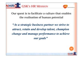GSK’S HR MISSION

Our quest is to facilitate a culture that enables
     the realisation of human potential

“As a strategic business partner we strive to
attract, retain and develop talent, champion
change and manage performance to achieve
                  our goals”


                                                60
 