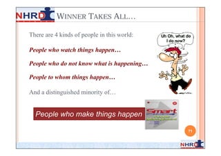 WINNER TAKES ALL…

There are 4 kinds of people in this world:

People who watch things happen…

People who do not know what is happening…

People to whom things happen…

And a distinguished minority of…


  People who make things happen

                                             71
 