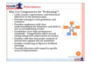 PERFORMING
Why Use Competencies for “Performing”?
     Links results, expectations, and behavioral
      objectives to th...