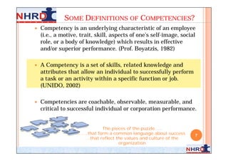 SOME DEFINITIONS OF COMPETENCIES?
   Competency is an underlying characteristic of an employee
    (i.e., a motive, trait...