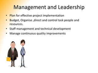 Management and Leadership
• Plan for effective project implementation
• Budget, Organise ,direct and control task people and
resources.
• Staff management and technical development
• Manage continuous quality improvements
 
