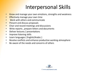 Interpersonal Skills
• Know and manage your own emotions, strengths and weakness
• Effectively manage your own time
• Work with others and communicate
• Present and discuss proposals
• Chair and record meetings and discussions
• Write reports , prepare letters and documents
• Deliver lectures / presentations
• Improve listening skills
• Learn languages ( English/Arabic )
• Resolve conflicts and enhance productive working atmosphere
• Be aware of the needs and concerns of others
© www.asia-masters.com
 